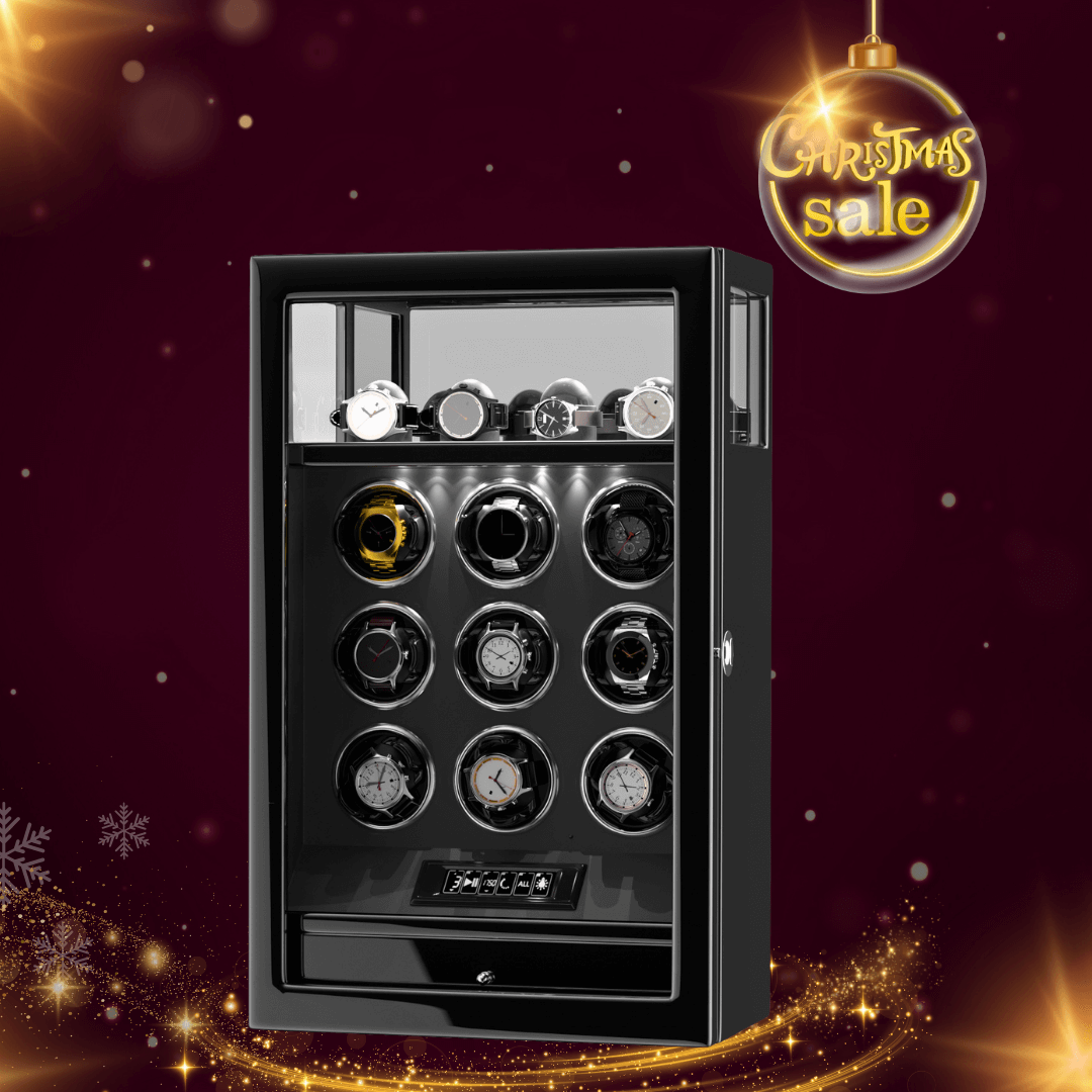 9 caricatori per orologi con spazio extra per 4 orologi, telecomando LCD, blocco impronte digitali/blocco chiave - Nero