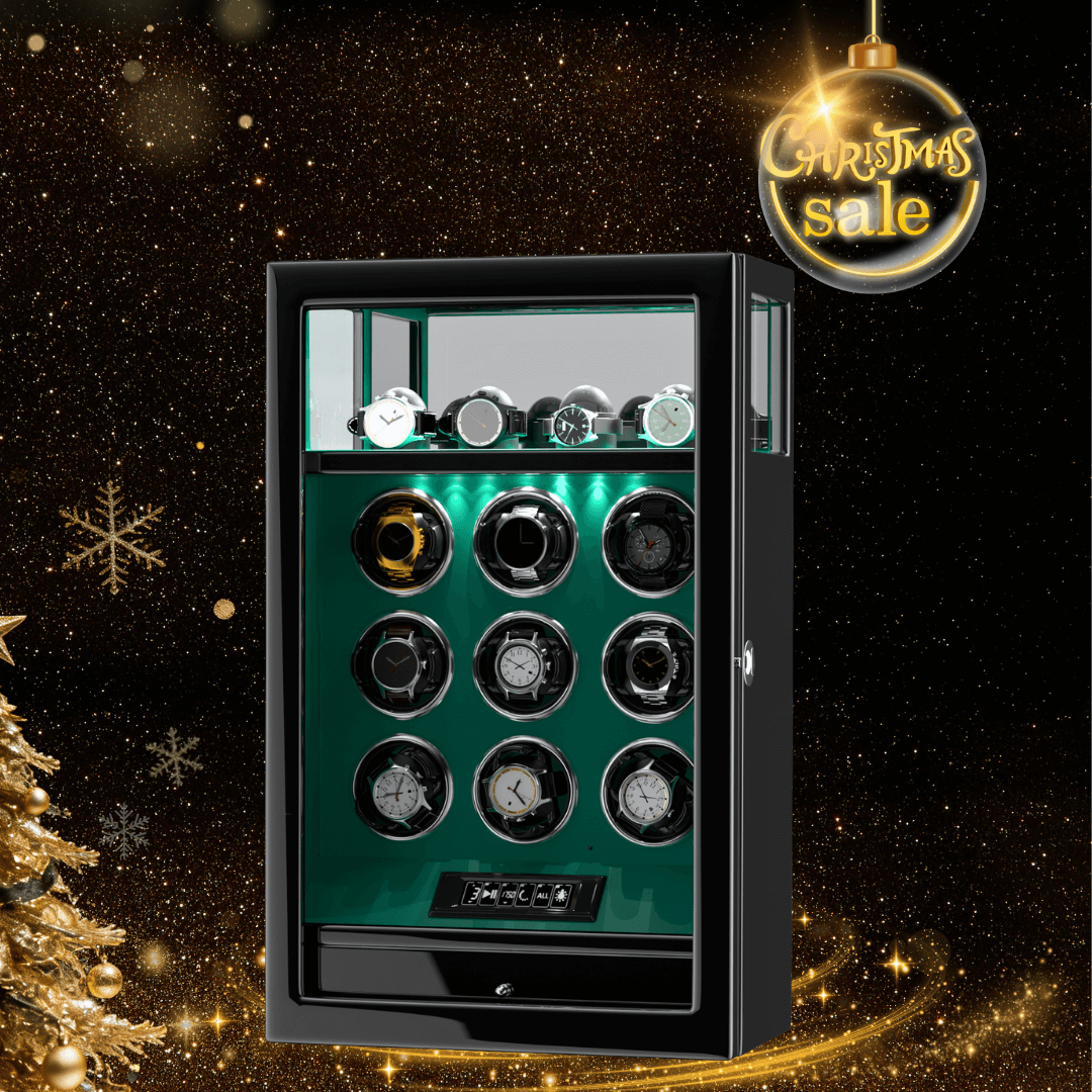 Fingerprint Lock 9 Watch Winders with 4 Watch Holders Storage LCD Remote Control - Green