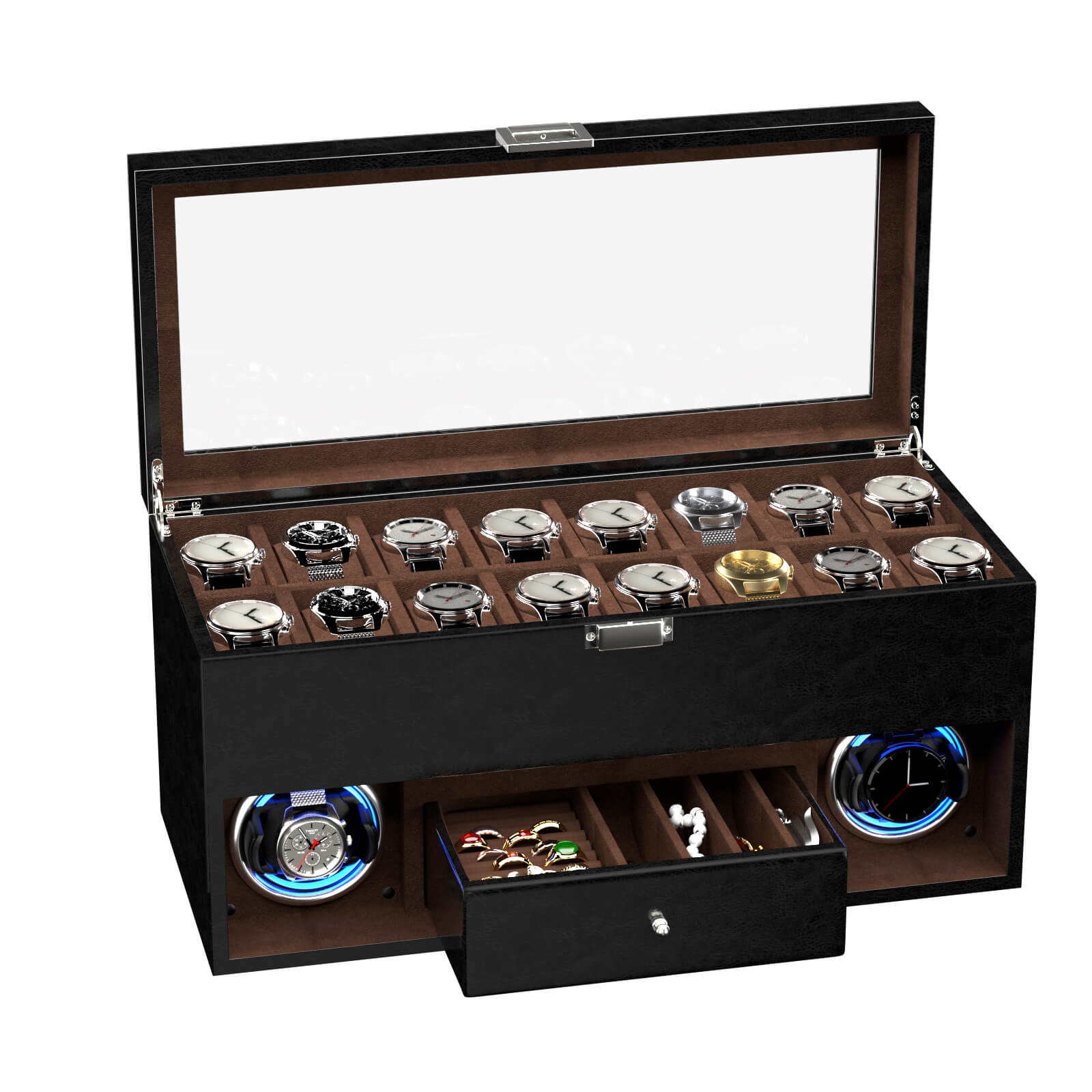 Luxury Radio-Style 2 Watch Winder with LED Light & 16-Slot Storage Box - Black