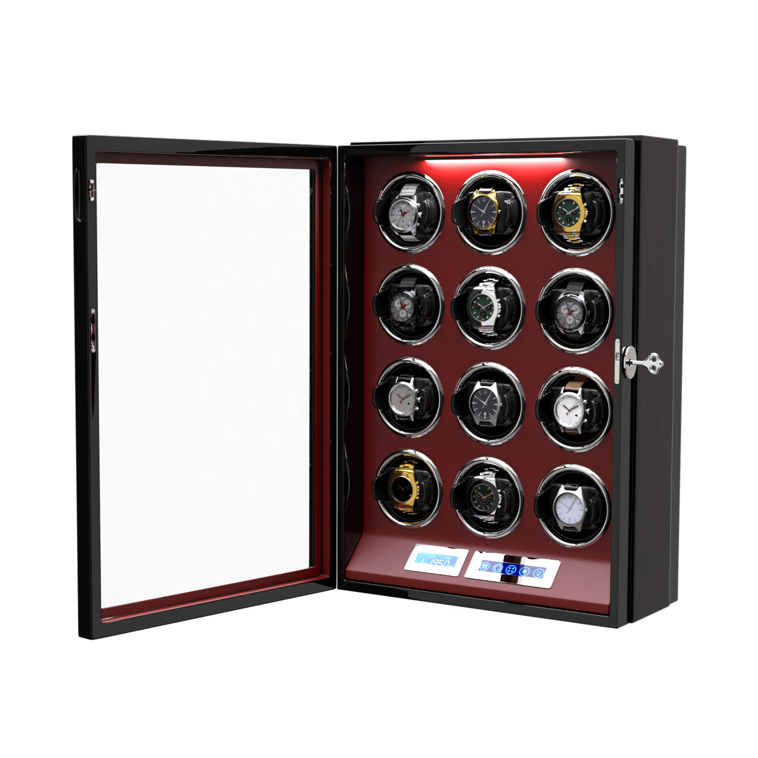 12 Watch Winder for Automatic Watches LCD Remote Control Quiet Mabuchi Motors-Red