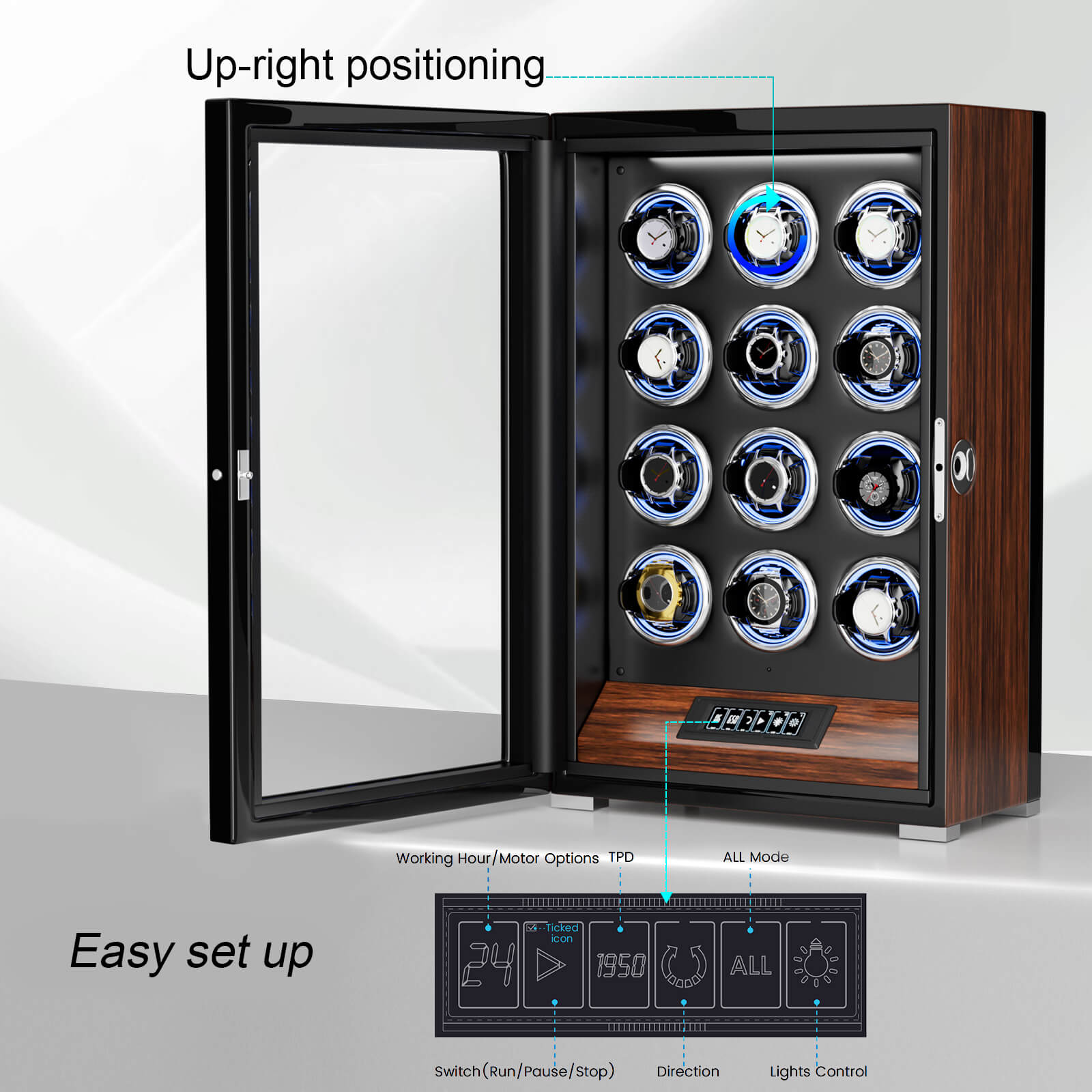 12 Watch Winders with Fingerprint Unlock RGB Light LCD Remote Control Ultra Quiet Motor - Walnut