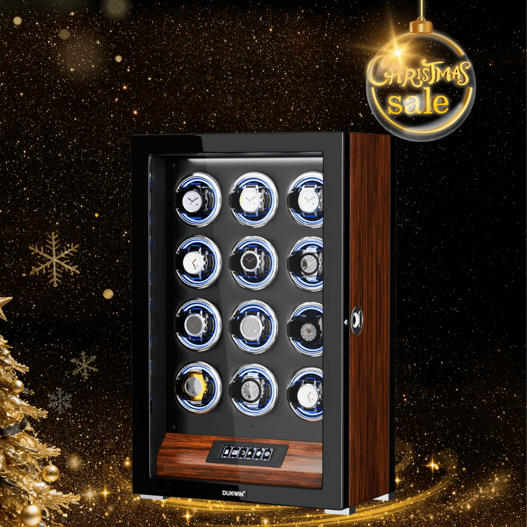 12 Watch Winders with Fingerprint Unlock RGB Light LCD Remote Control Ultra Quiet Motor - Walnut