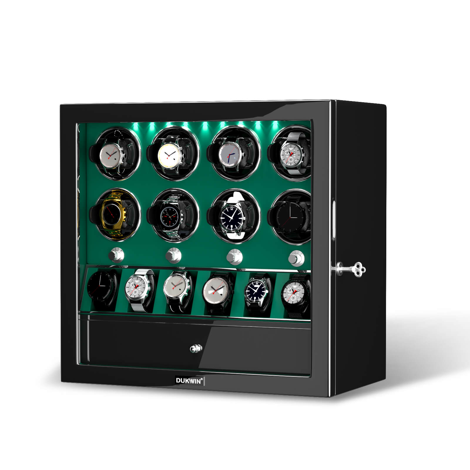 8 Watch Winders with 6 Watches Organizer Storage Large Space Case - Green