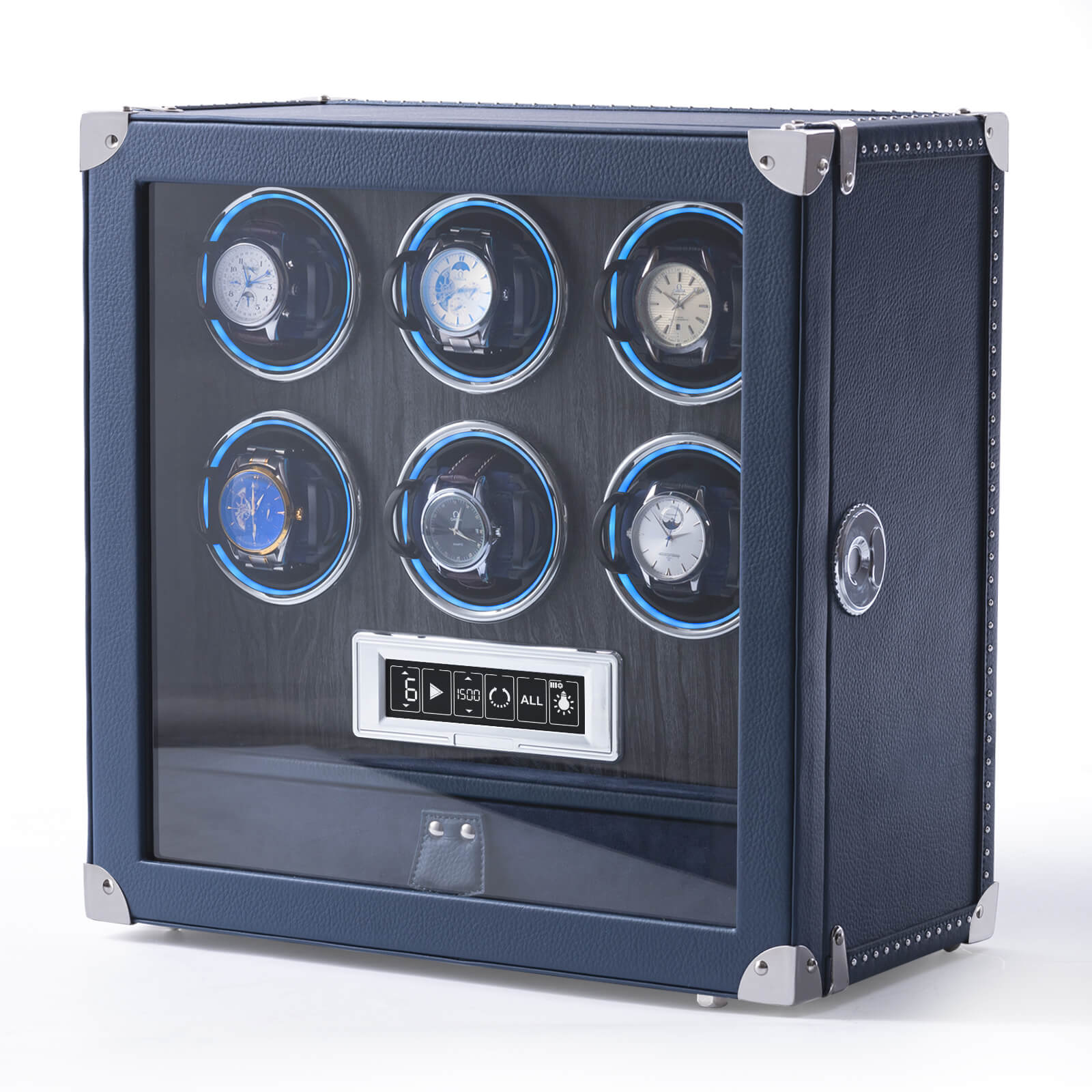 Leather 6 Watch Winder with Drawer | Fingerprint Lock | Digital Display - Blue