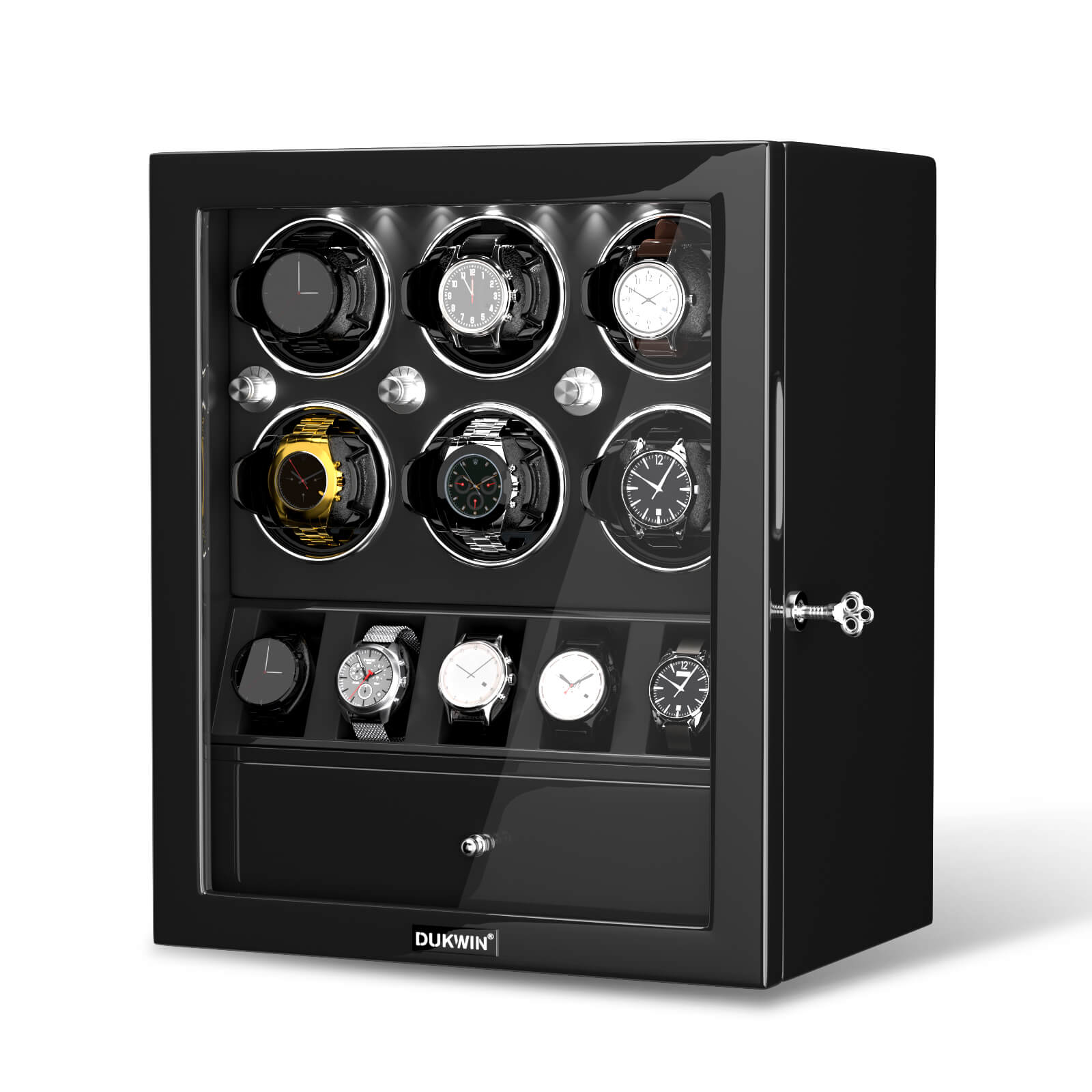 Compact 6 Watch Winders with 5 Watches Organizer Storage Space Quiet Mabuchi Motor