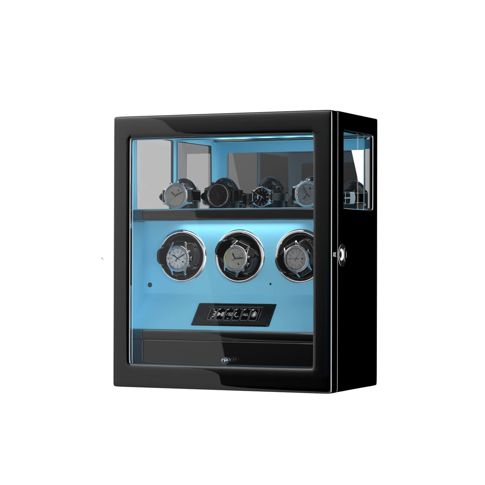 Fingerprint Lock 3 Watch Winders with Extra 4 Watches Storage LCD Remote Control - Tiffany Blue