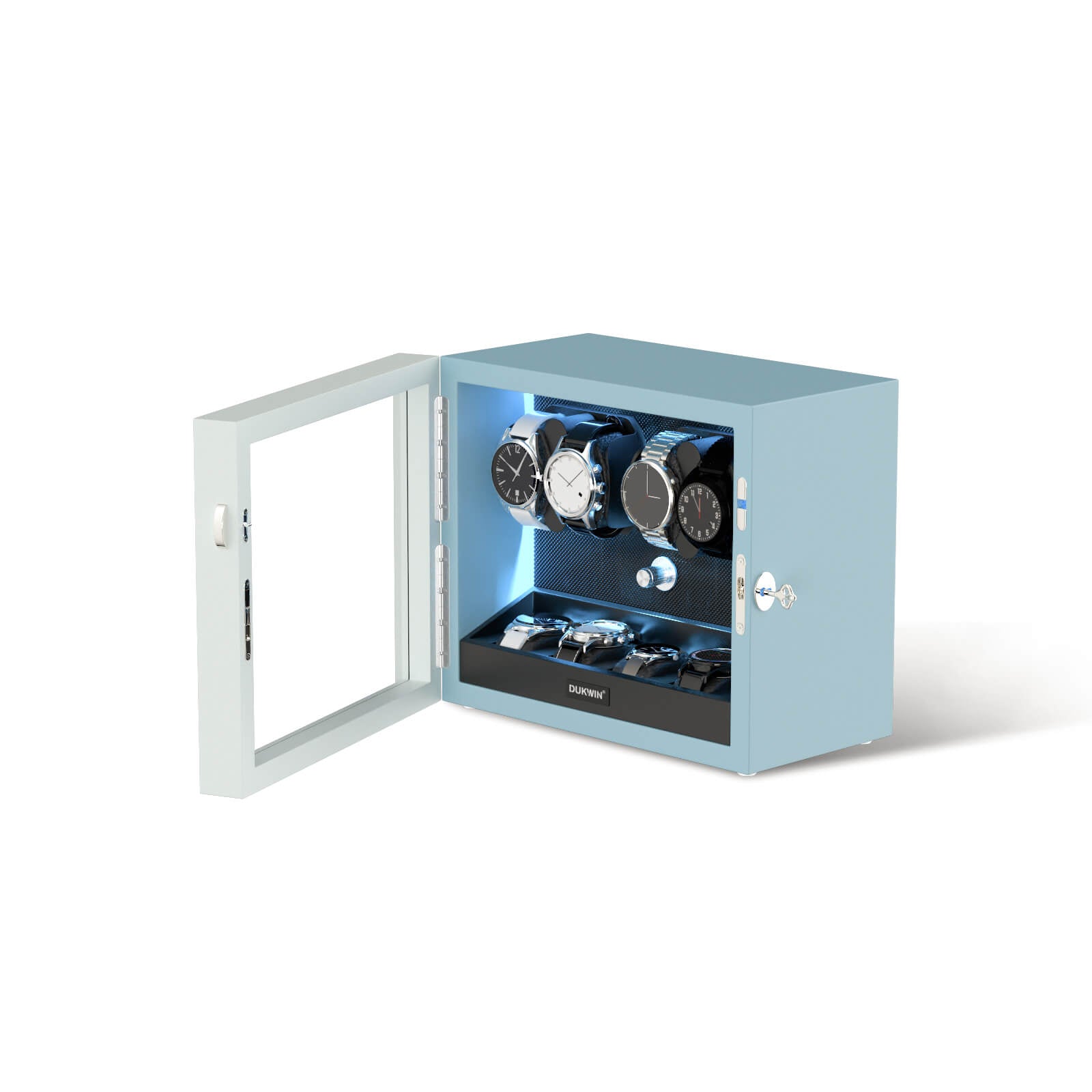 4 + 4 Watch Winder with Extra Storages Aurora Blue Light Quiet Motors - Silken Blue