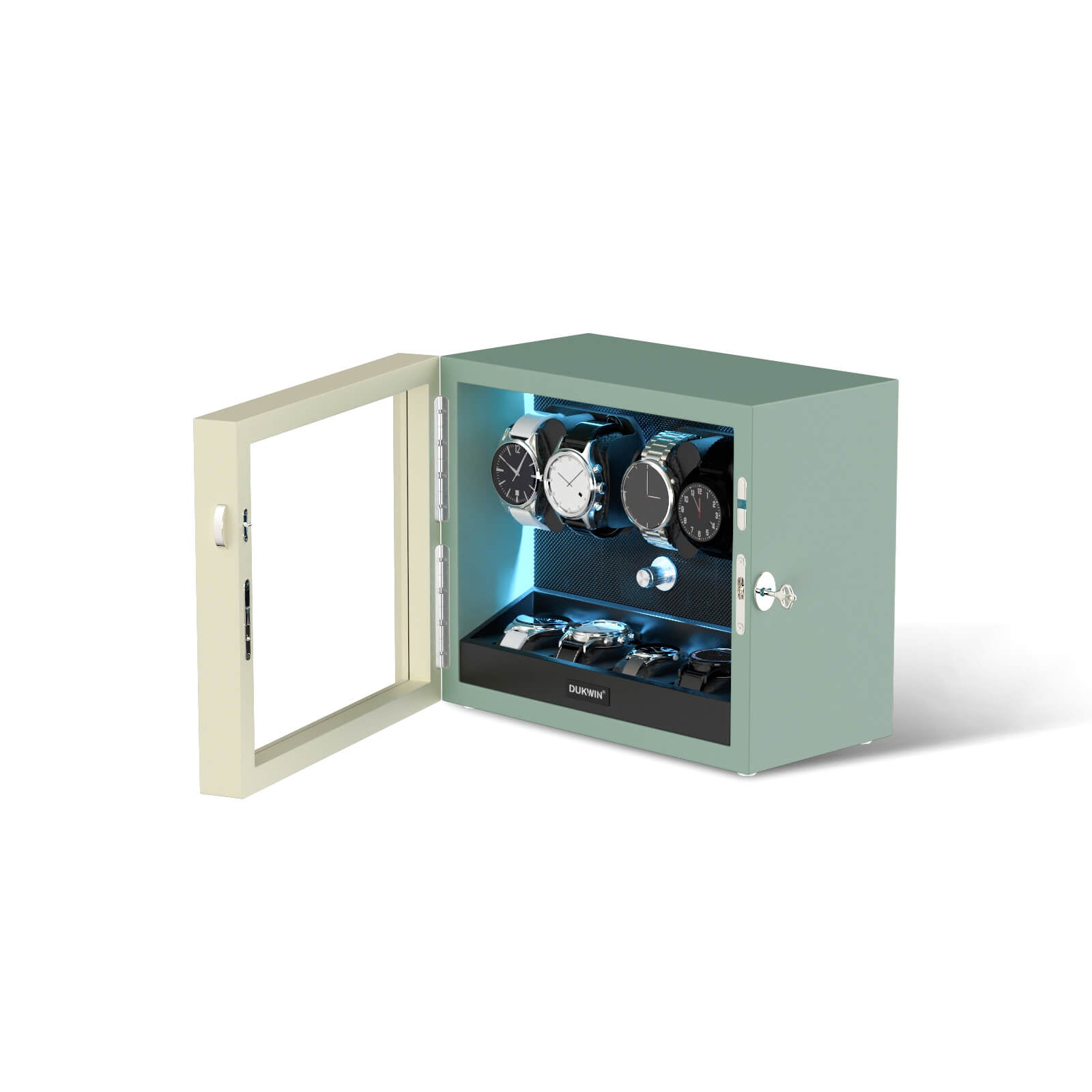 4 + 4 Watch Winder with Extra Storages Aurora Blue Light Quiet Motors - Silken Green