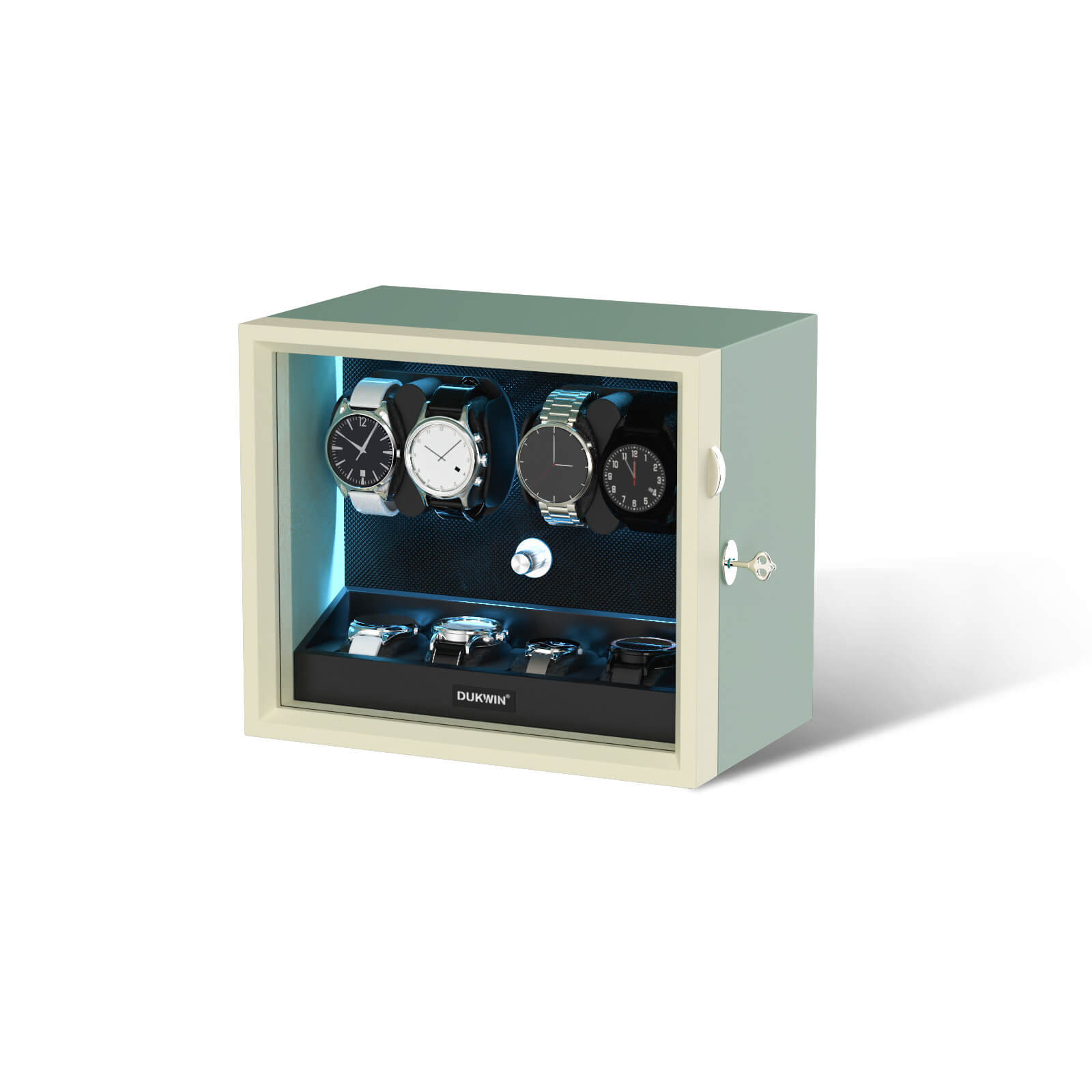 4 + 4 Watch Winder with Extra Storages Aurora Blue Light Quiet Motors - Silken Green