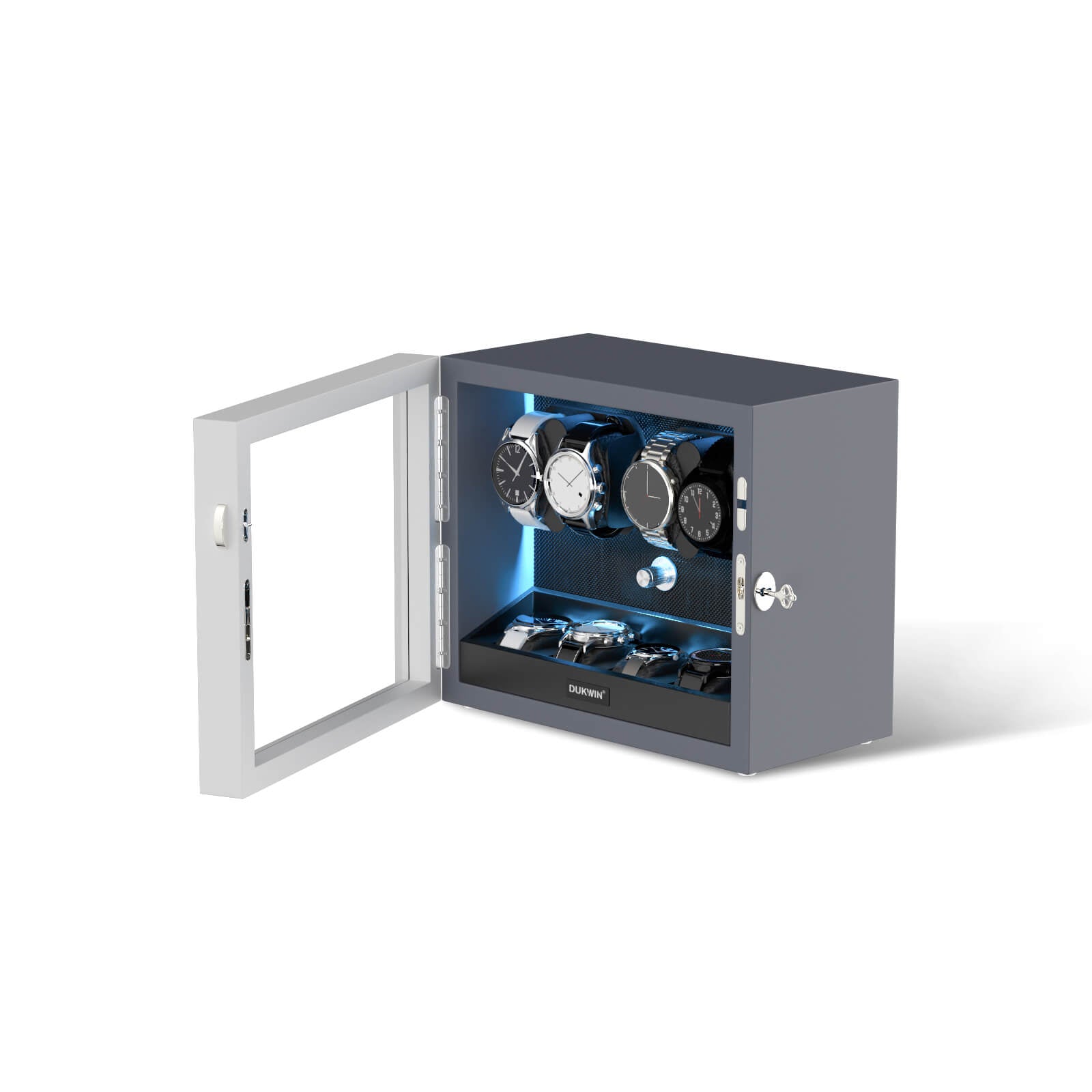 4 + 4 Watch Winder with Extra Storages Aurora Blue Light Quiet Motors - Silken Gray