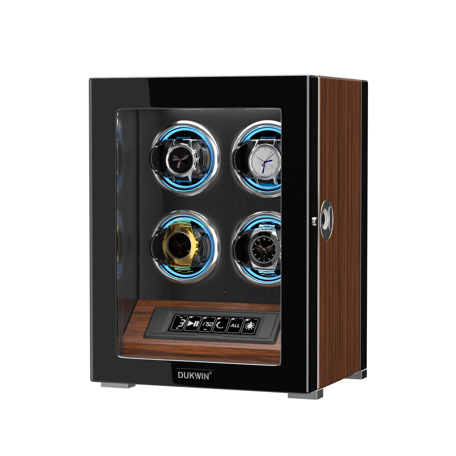 4 Watch Winders with Fingerprint Unlock RGB Light LCD Remote Control Ultra Quiet Motor - Walnut