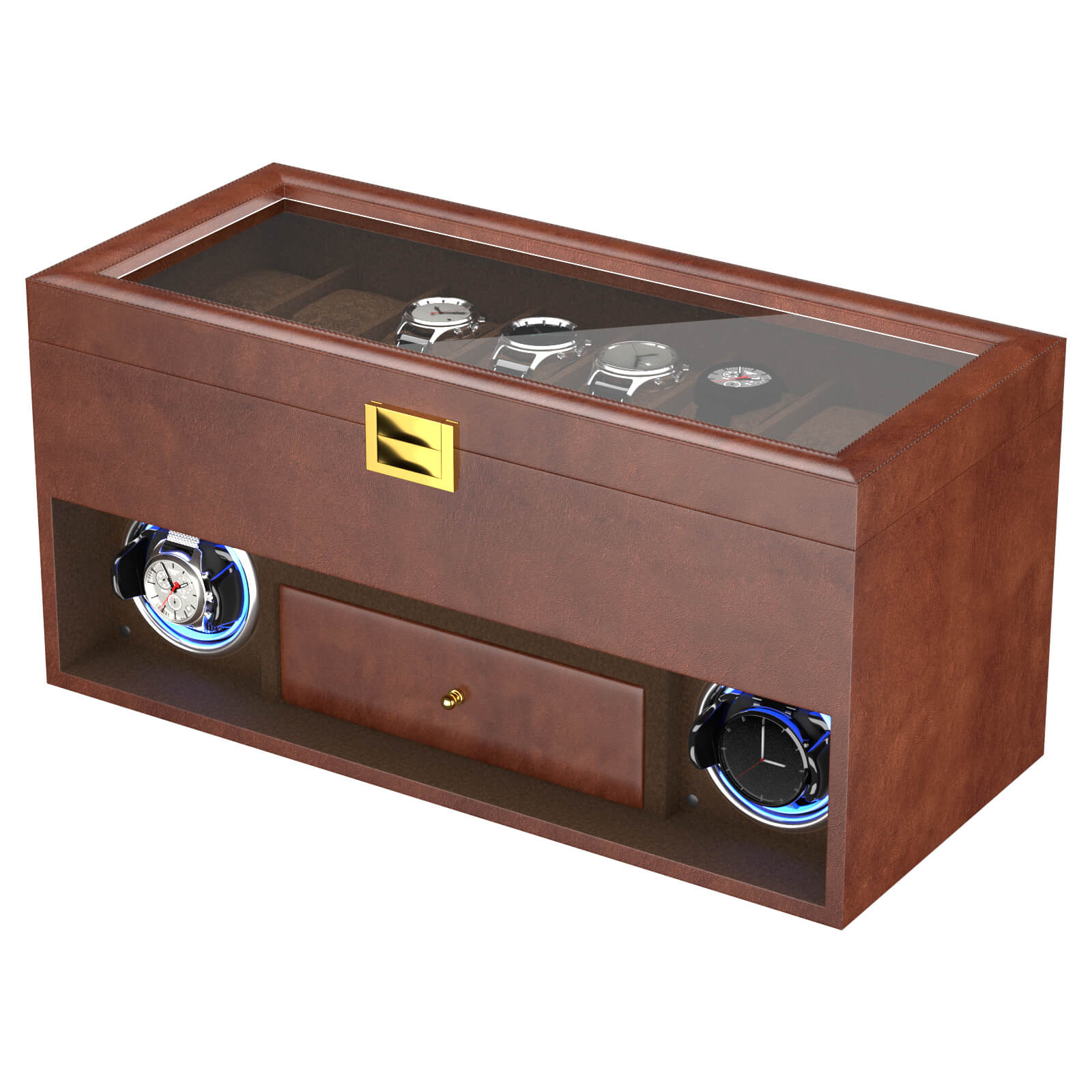 Luxury Radio-Style 2 Watch Winder with LED Light & 16-Slot Storage Box - Brown