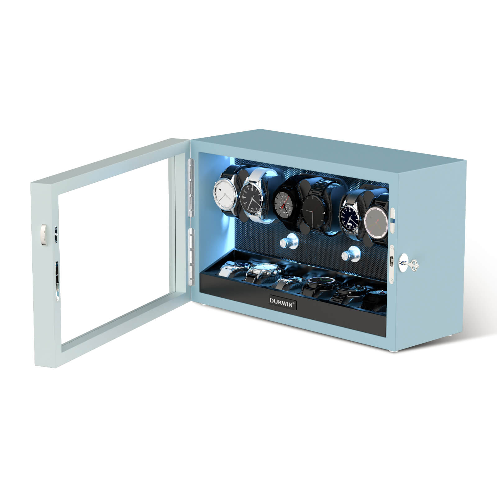 6 + 6 Watch Winder with Extra Storages Aurora Blue Light Quiet Motors - Silken Blue