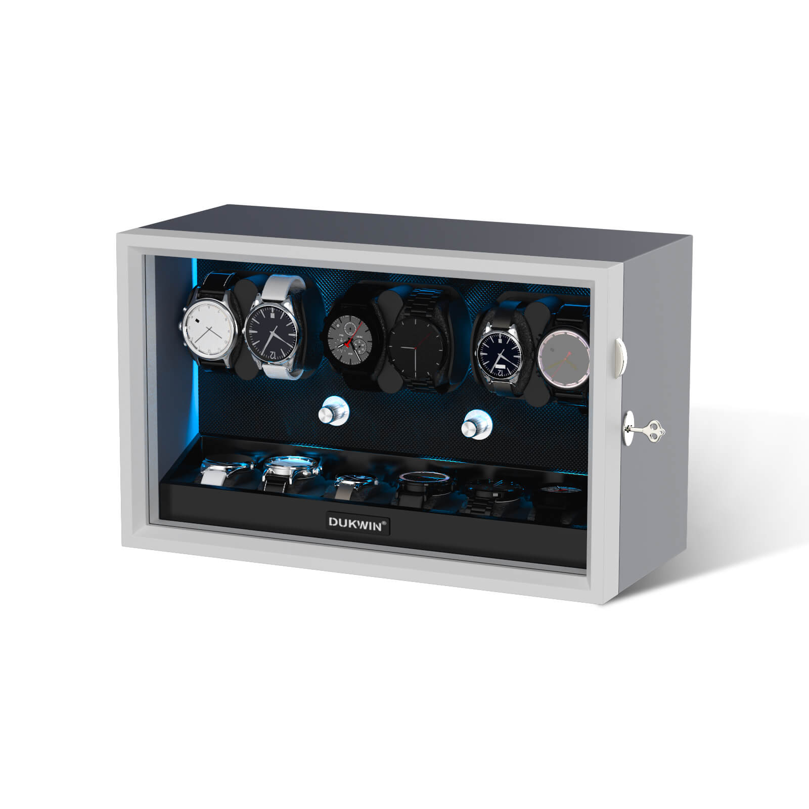 6 + 6 Watch Winder with Extra Storages Aurora Blue Light Quiet Motors - Silken Grey