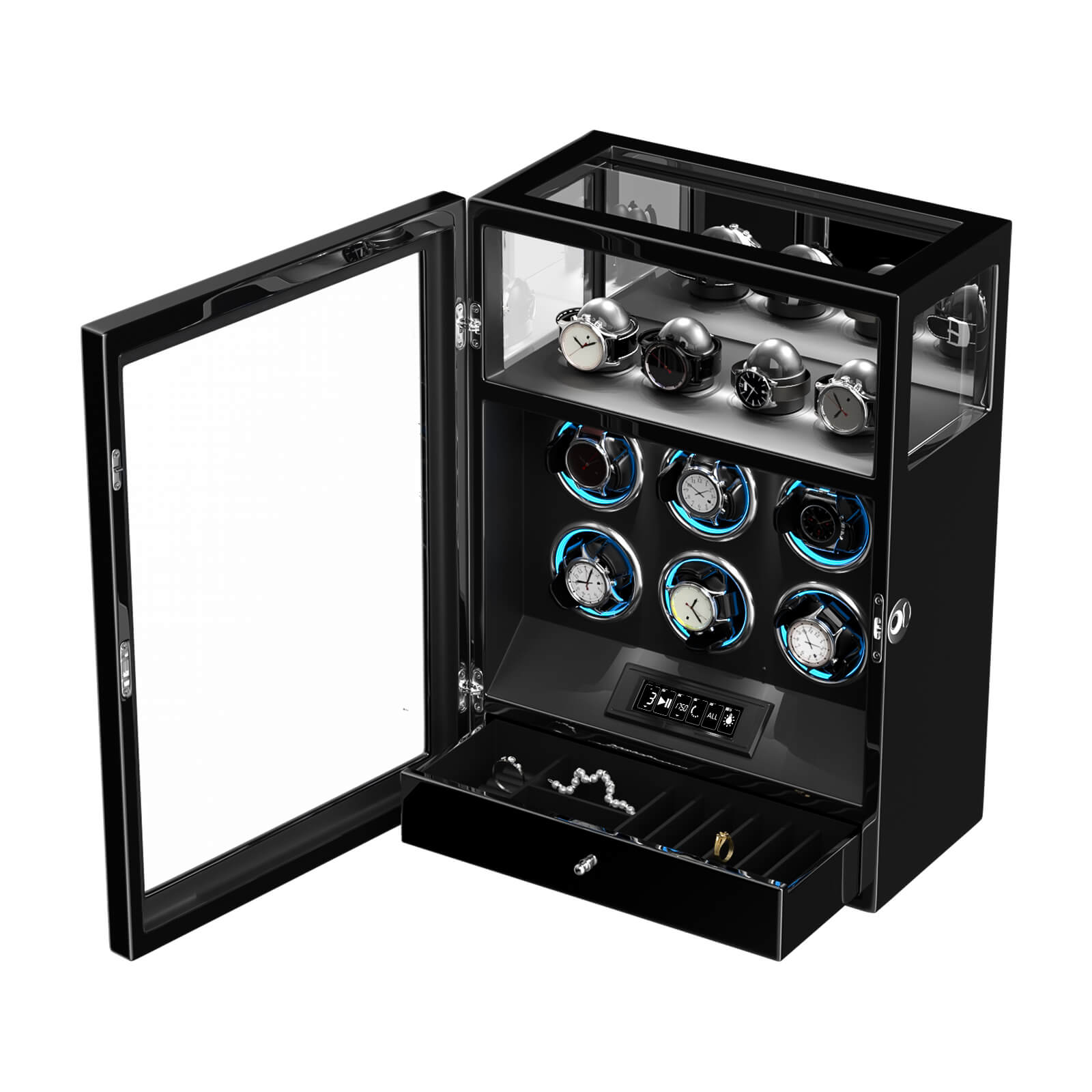 Fingerprint Lock 6 Watch Winders with RGB LED Lighting & Extra Watch Storage – Black