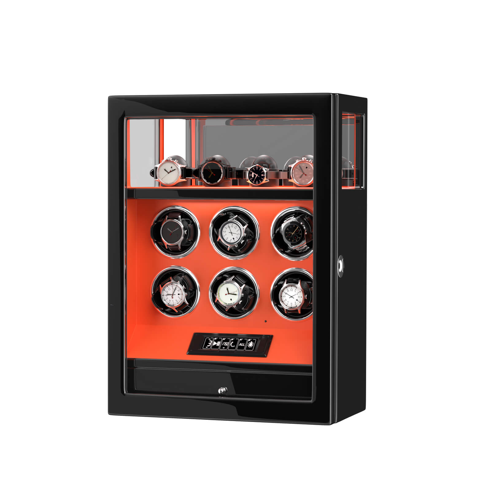 Fingerprint Lock 6 Watch Winders with Extra Watches Storage LCD Remote Control - Flame Orange