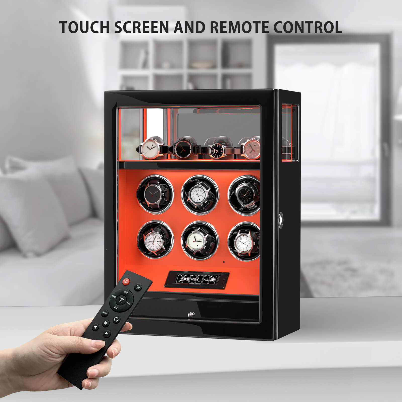 Fingerprint Lock 6 Watch Winders with Extra Watches Storage LCD Remote Control - Flame Orange