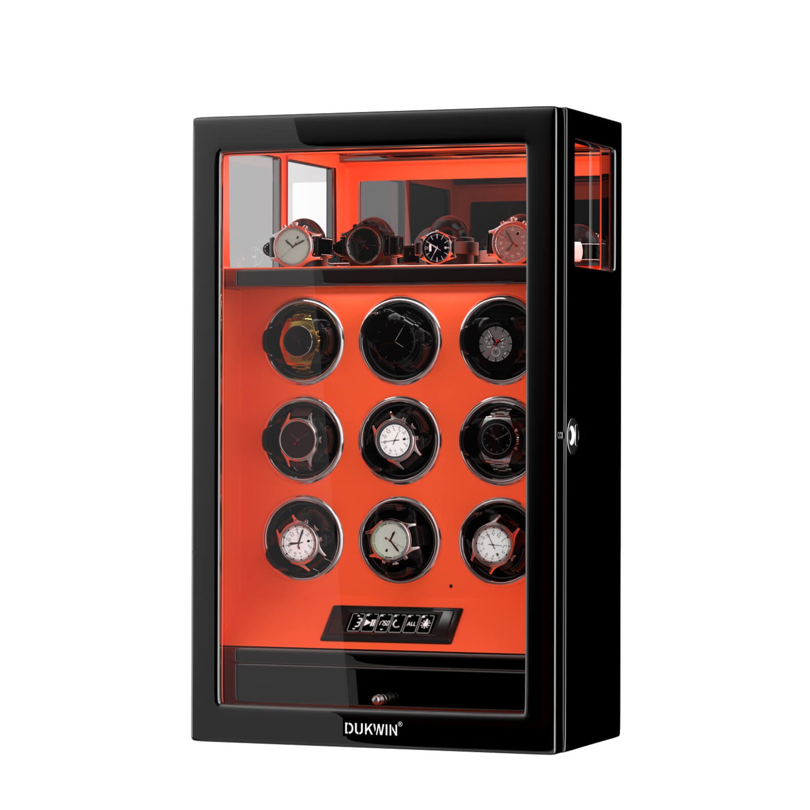 Fingerprint Lock 9 Watch Winders with Extra 4 Watches Storage LCD Remote Control - Flame Orange