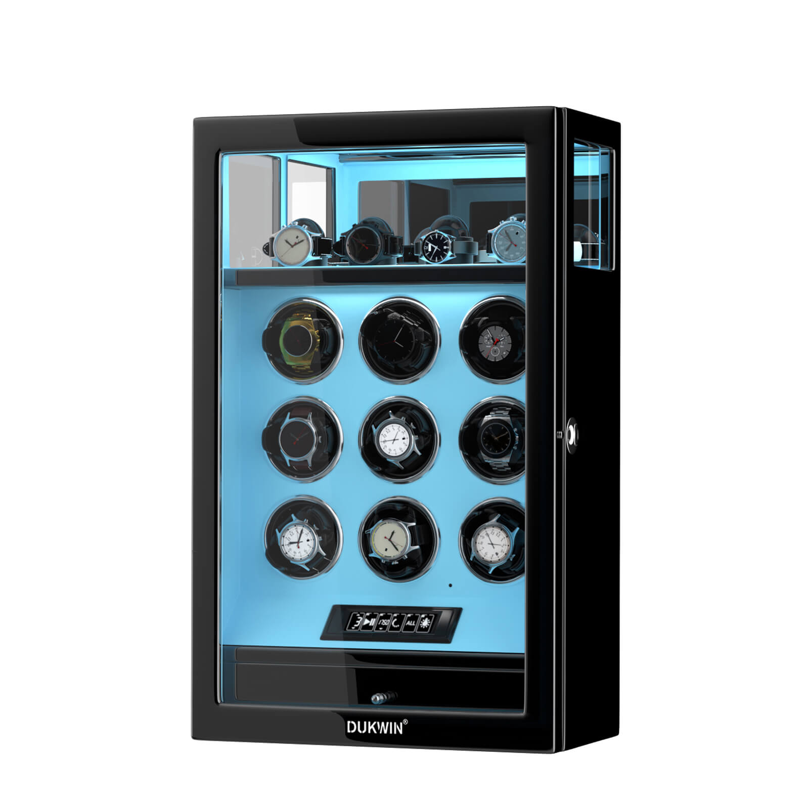 Fingerprint Lock 9 Watch Winders with Extra 4 Watches Storage LCD Remote Control - Tiffany Blue
