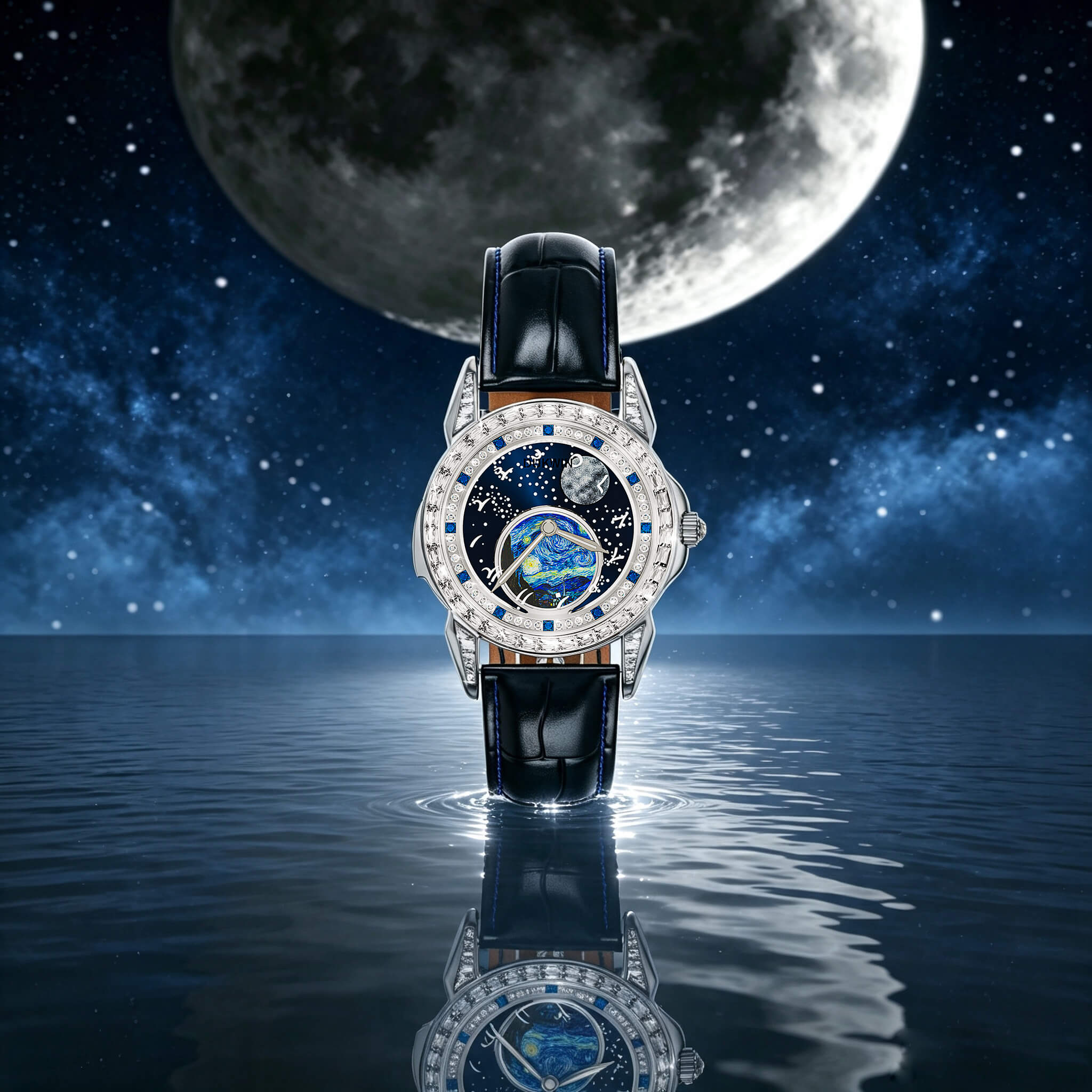 Astral Vortex - Orologio Meccanico Automatico da Uomo l Quadrante con Fasi Lunari Nebulose l Display 12 Segni Zodiacali
