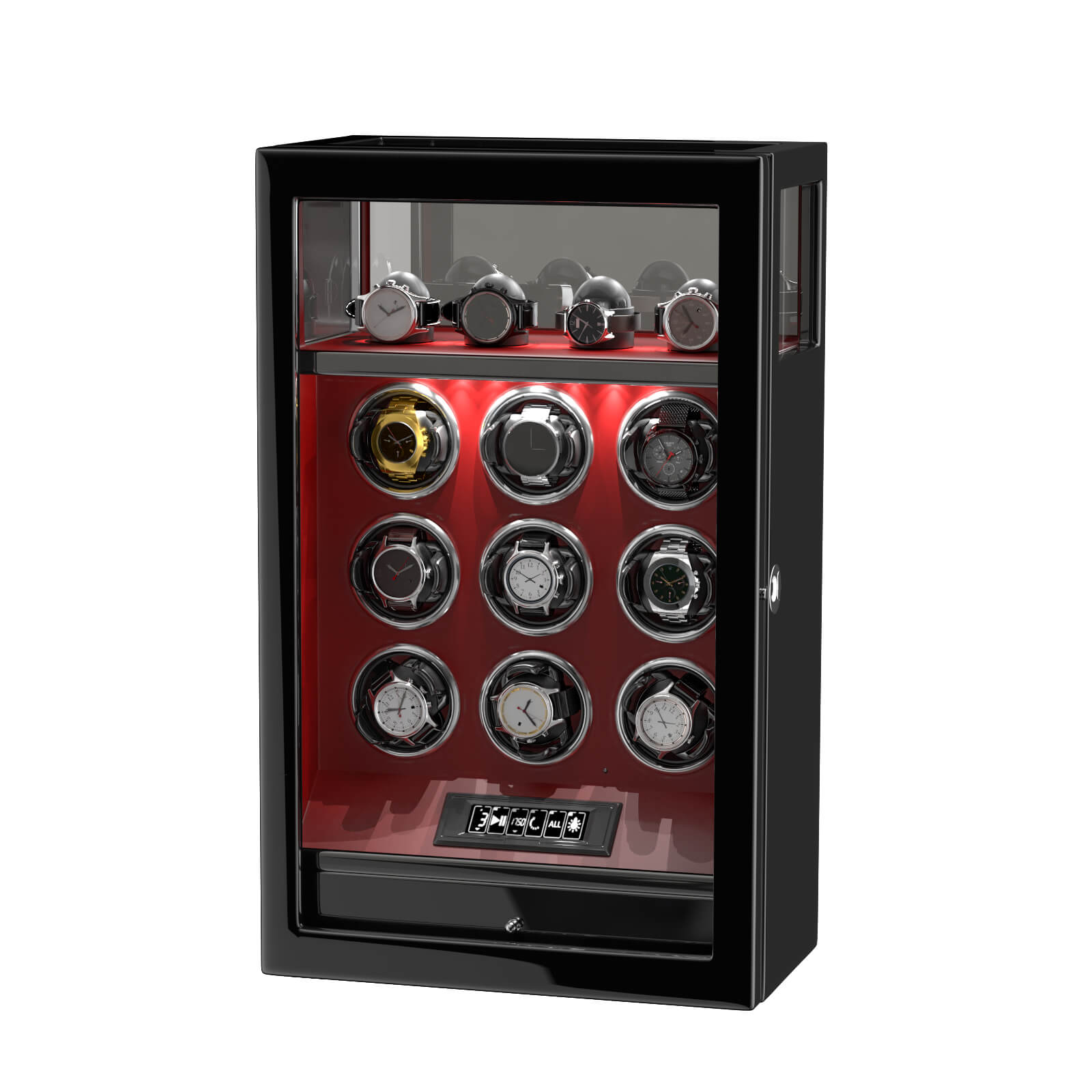Fingerprint Lock 9 Watch Winders with 4 Watch Holders Storage LCD Remote Control - Red