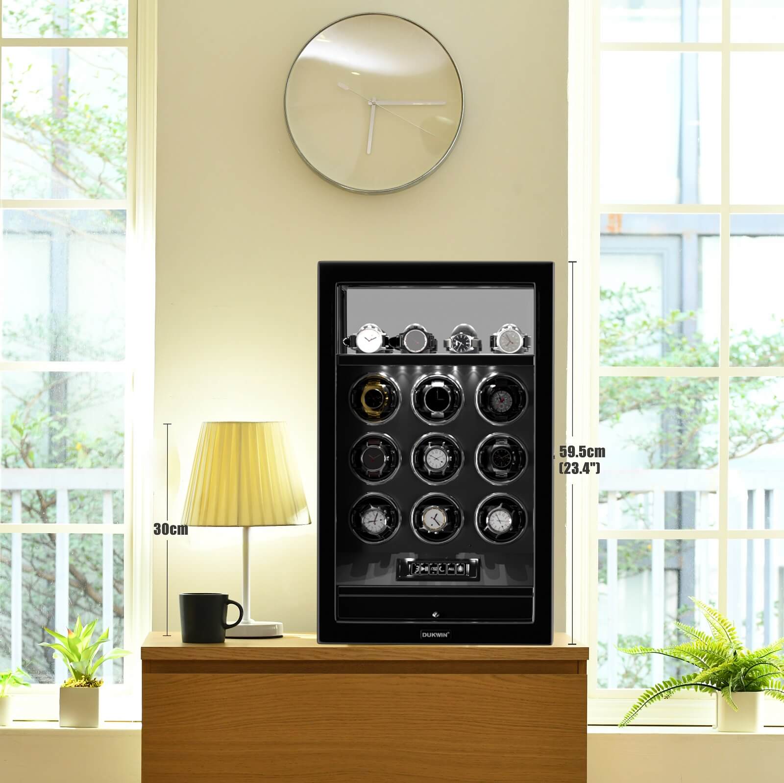 9 Watch Winders with Extra 4 Watches Storage LCD Remote Control Fingerprint Lock - Black