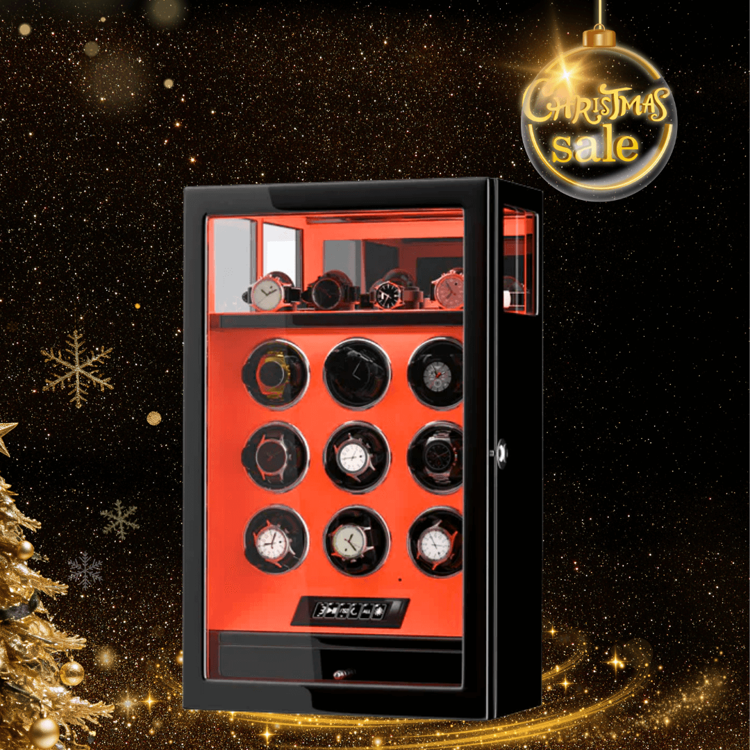 Remontoir à 9 montres avec verrouillage par empreinte digitale et rangement supplémentaire pour 4 montres, télécommande LCD - Orange flamme