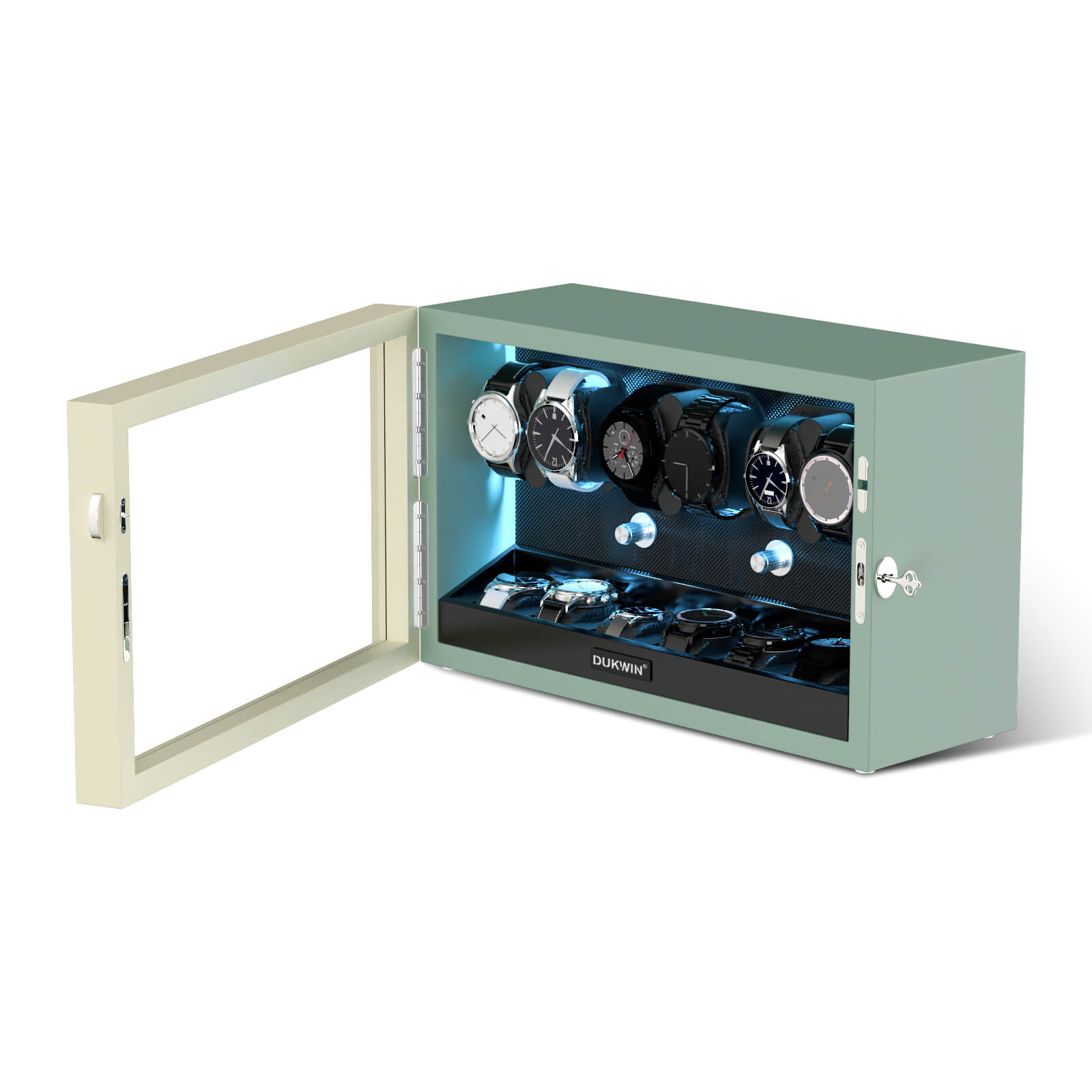 6 + 6 Watch Winder with Extra Storages Aurora Blue Light Quiet Motors - Silken Green