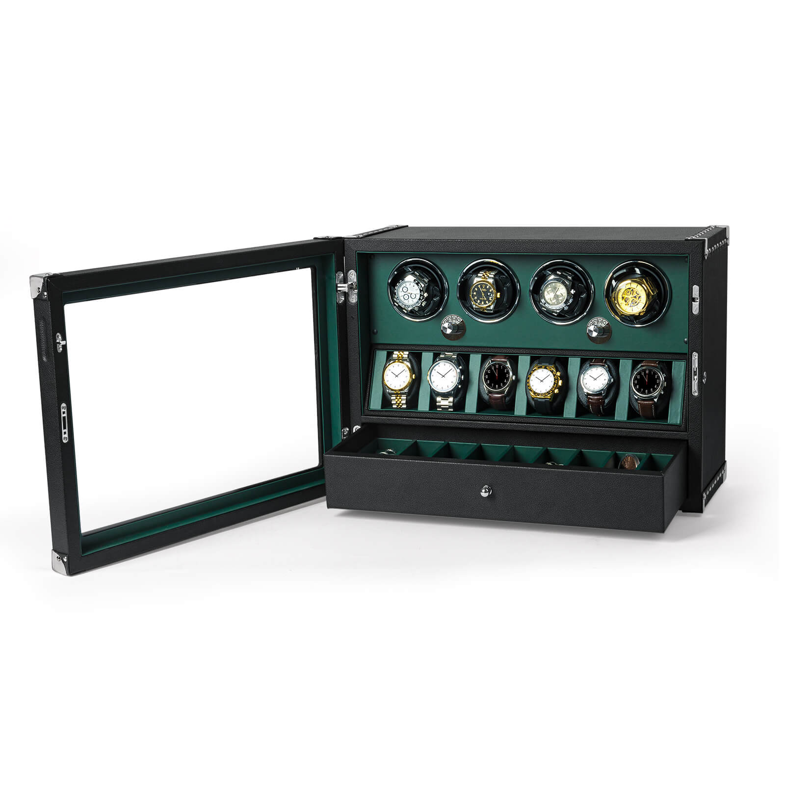 Wear-Resistant Microfiber - 4 Automatic Watch Winders with 6 Display Organizer - Green