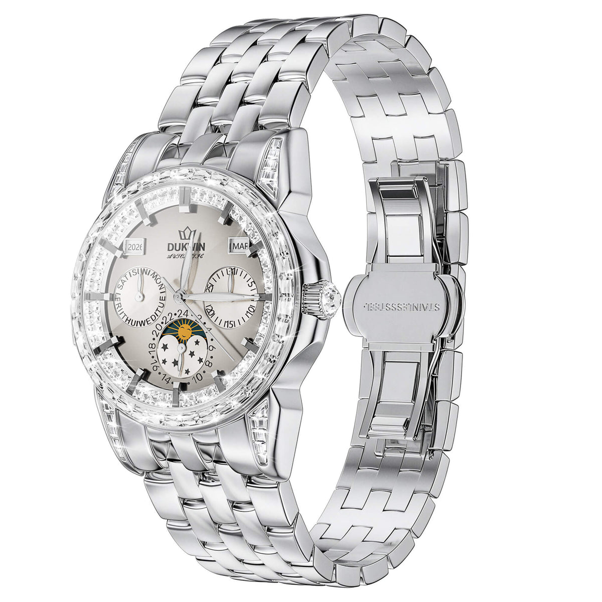 Lunar Dawn - Automatic Mechanical Men’s Watch with Zirconia, Moonphase & Perpetual Calendar l Bonus Precision Winder Included