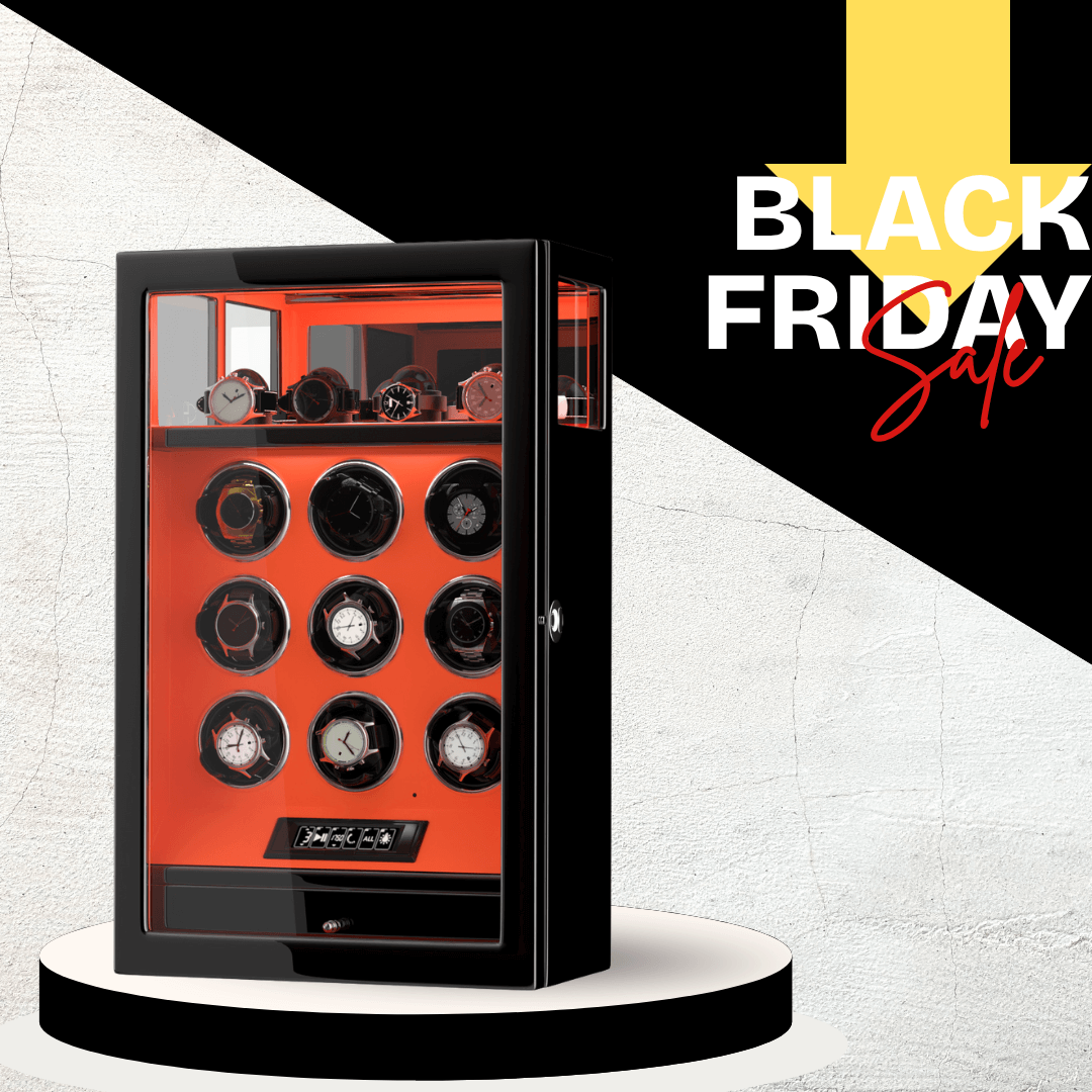 Fingerprint Lock 9 Watch Winders with Extra 4 Watches Storage LCD Remote Control - Flame Orange