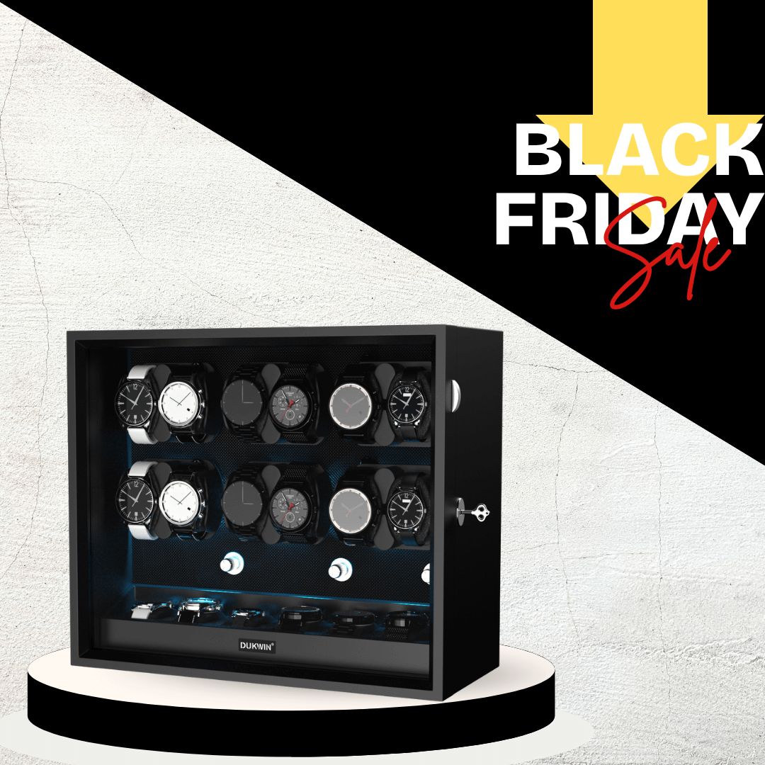 12 + 6 Watch Winder with Extra Storages Aurora Blue Light Quiet Motors - Black