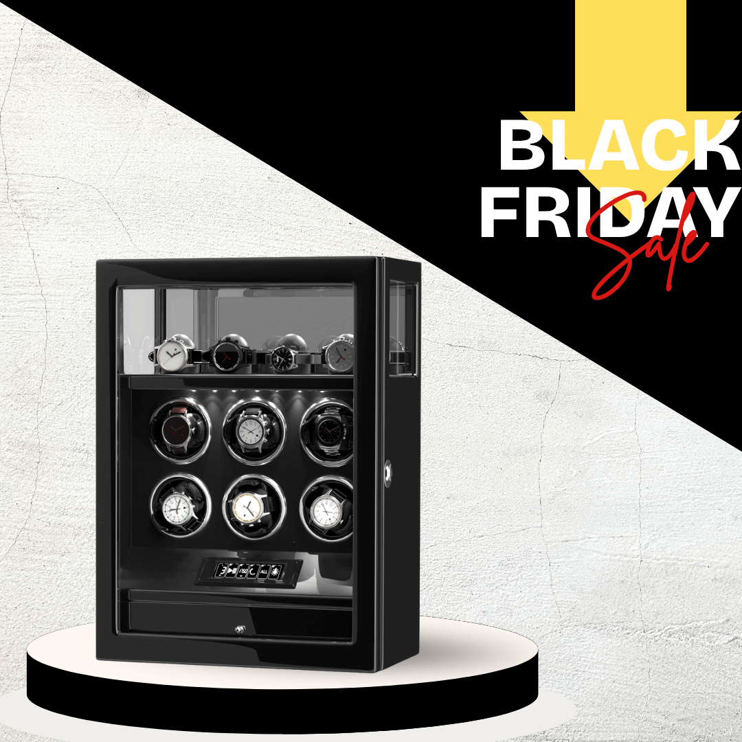 Fingerprint Lock 6 Watch Winders with Extra Watches Storage LCD Remote Control - Black