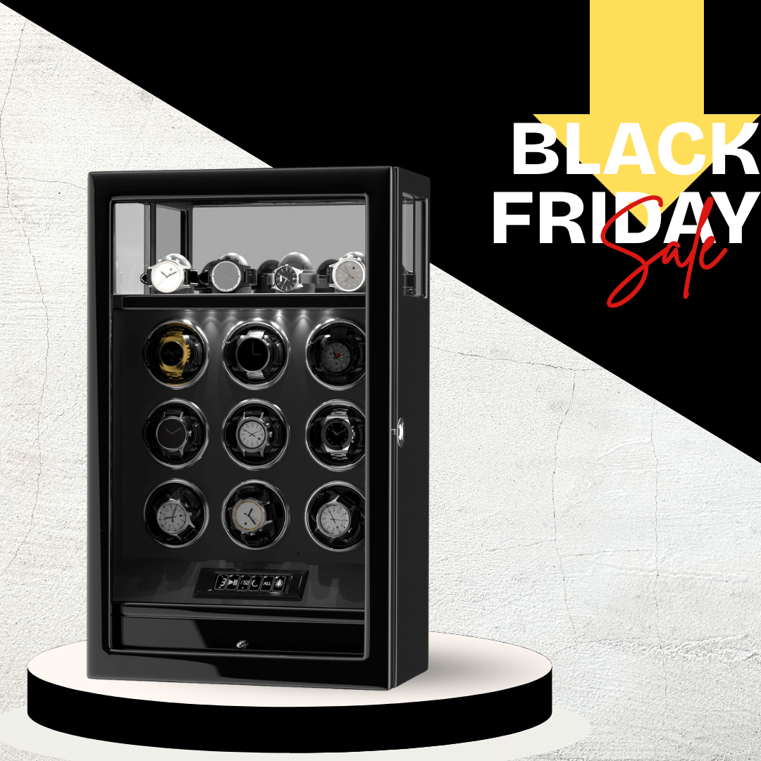 9 Watch Winders with Extra 4 Watches Storage LCD Remote Control Fingerprint Lock/Key lock - Black