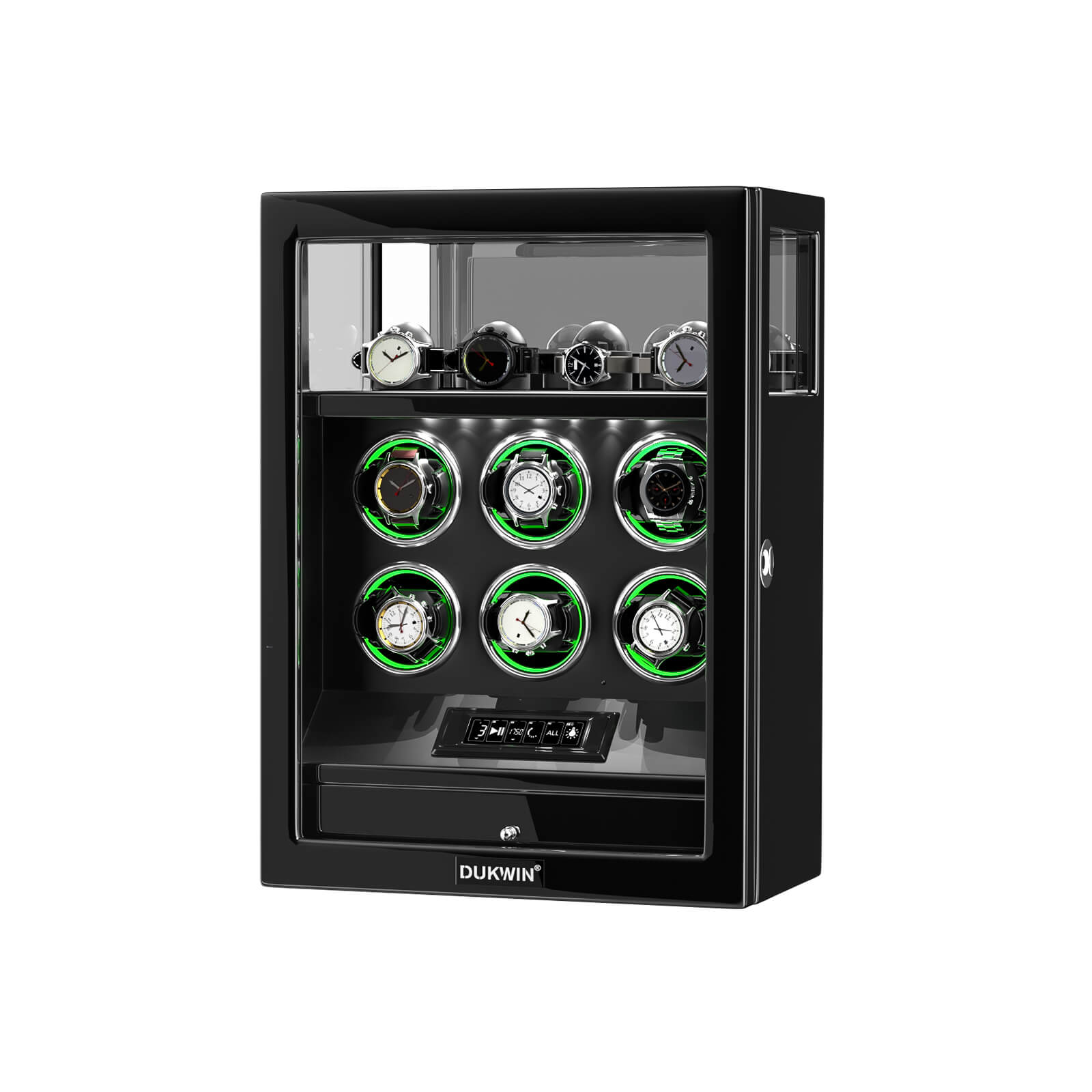 Fingerprint Lock 6 Watch Winders with RGB LED Lighting & Extra Watch Storage – Black