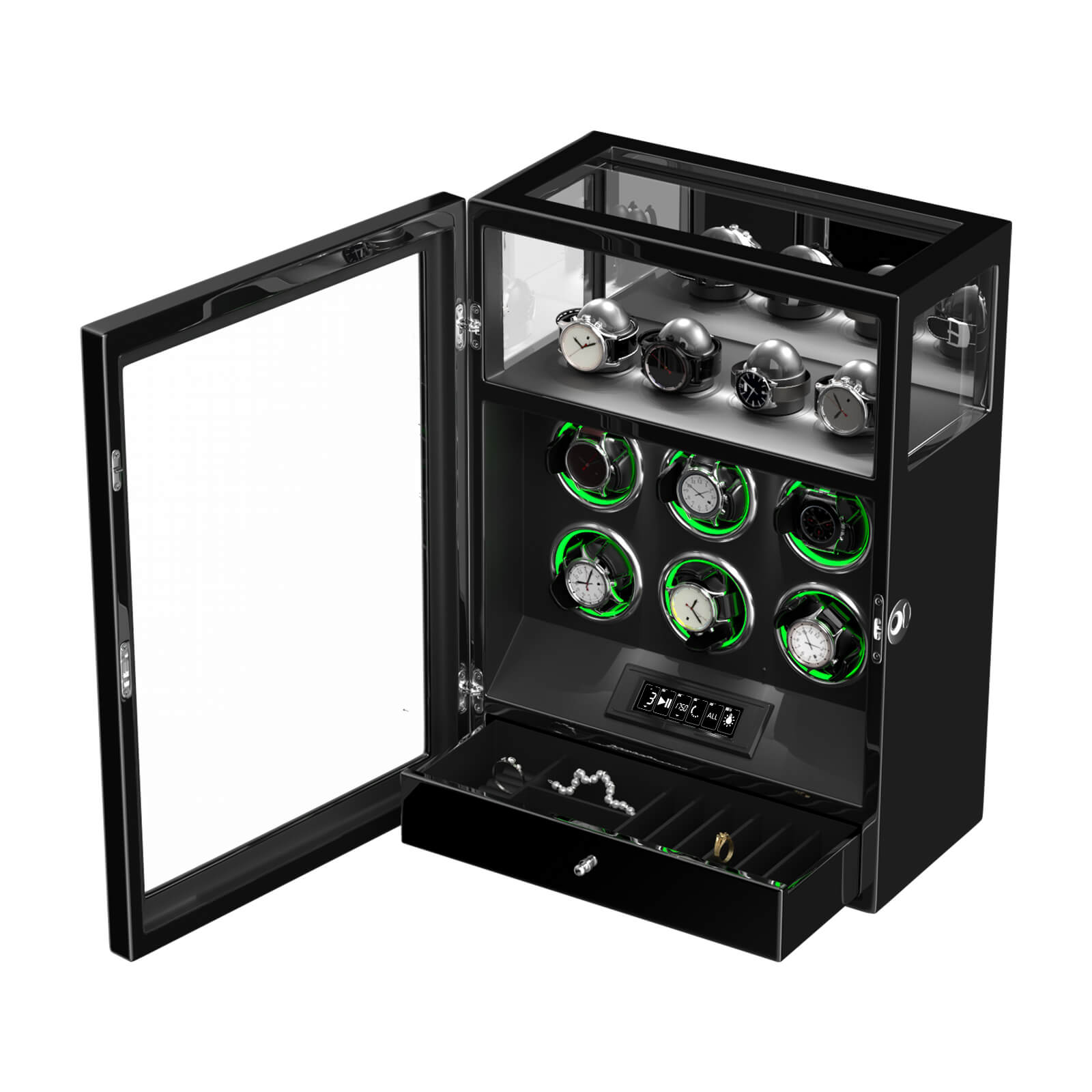 Fingerprint Lock 6 Watch Winders with RGB LED Lighting & Extra Watch Storage – Black