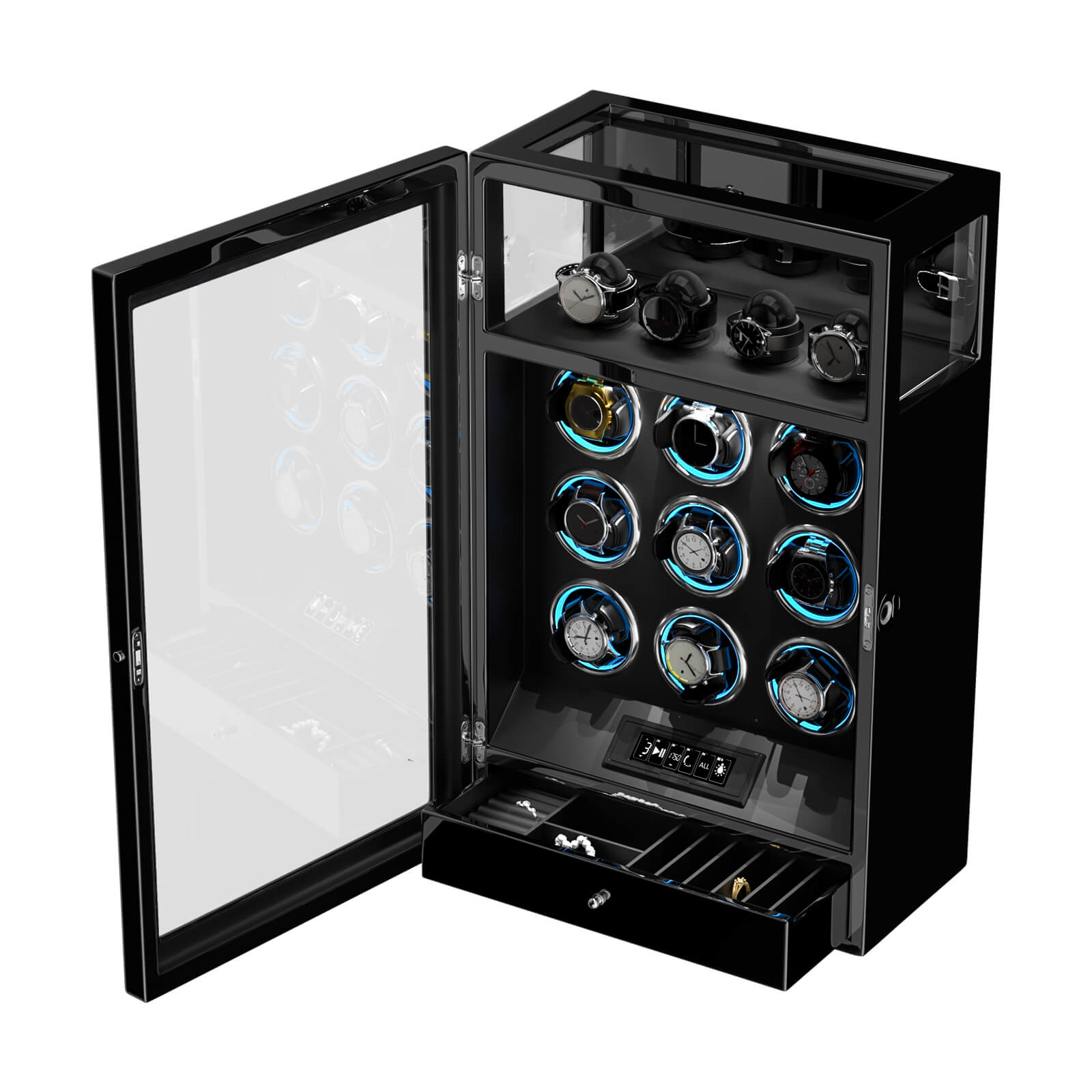 Fingerprint Lock 9 Watch Winders with RGB LED Lighting & Extra Watch Storage – Black