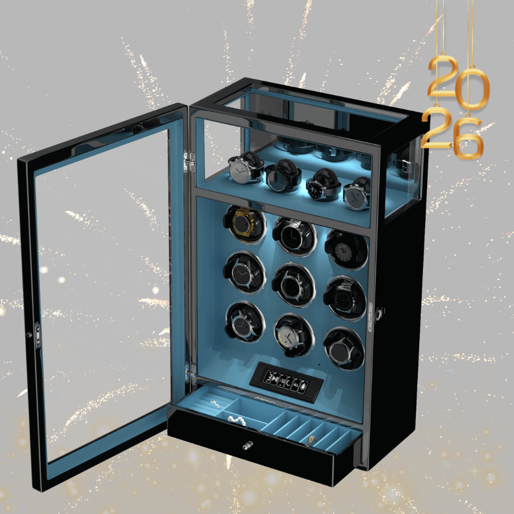 Fingerprint Lock 9 Watch Winders with Extra 4 Watches Storage LCD Remote Control - Tiffany Blue