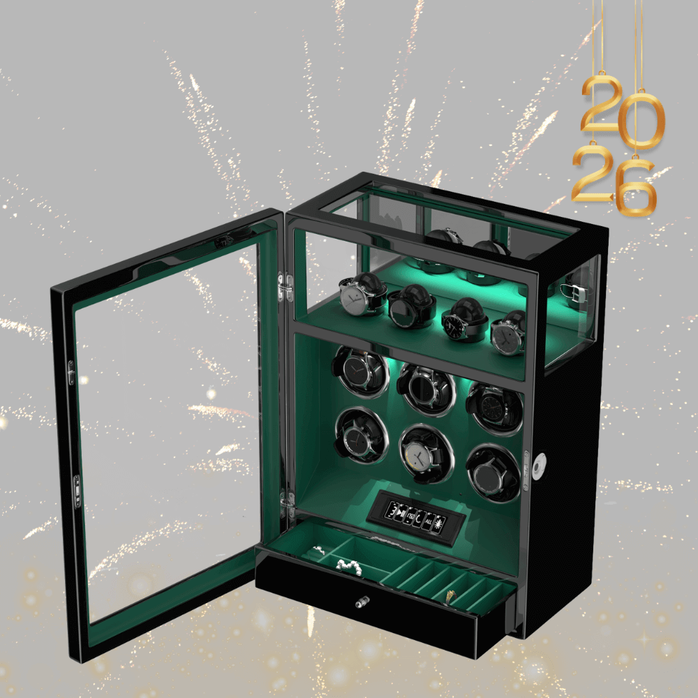 Fingerprint Lock 6 Watch Winders with Extra Watches Storage LCD Remote Control - Green