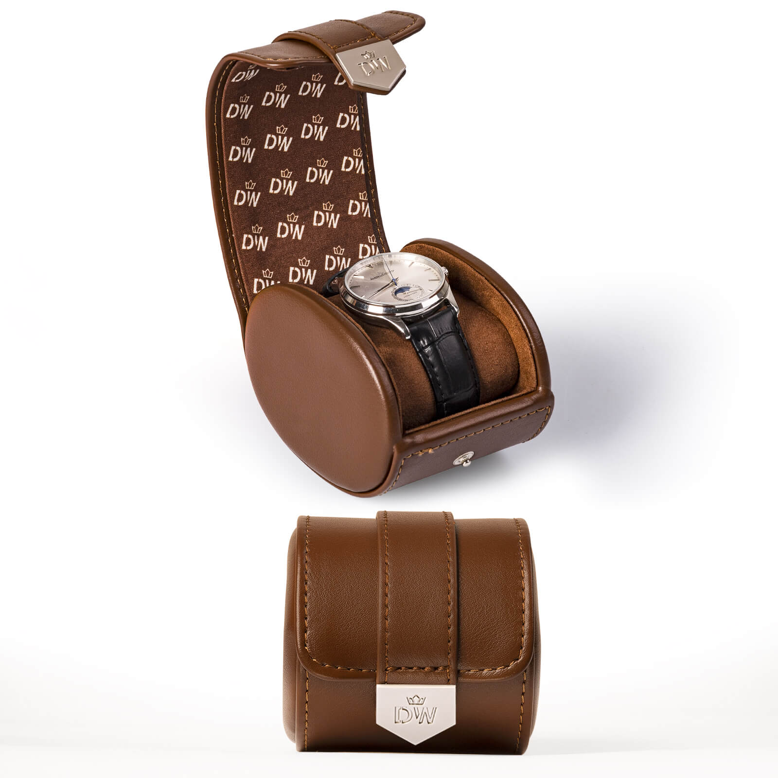 Vegan Leather Single Watch Roll Travel Case - Brown