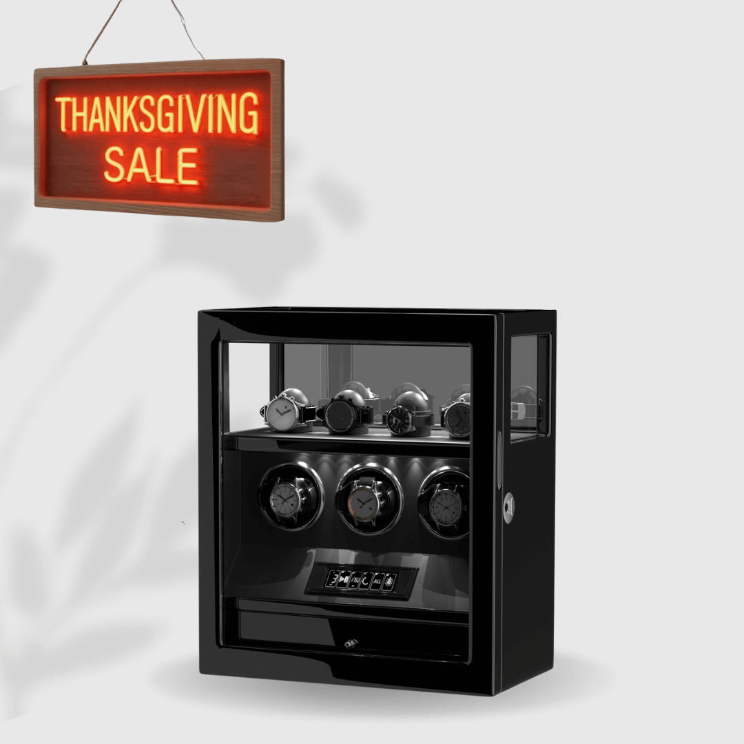 Fingerprint Lock 3 Watch Winders with Extra 4 Watches Storage LCD Remote Control - Black