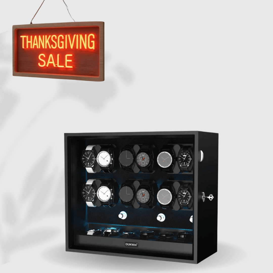 12 + 6 Watch Winder with Extra Storages Aurora Blue Light Quiet Motors - Black