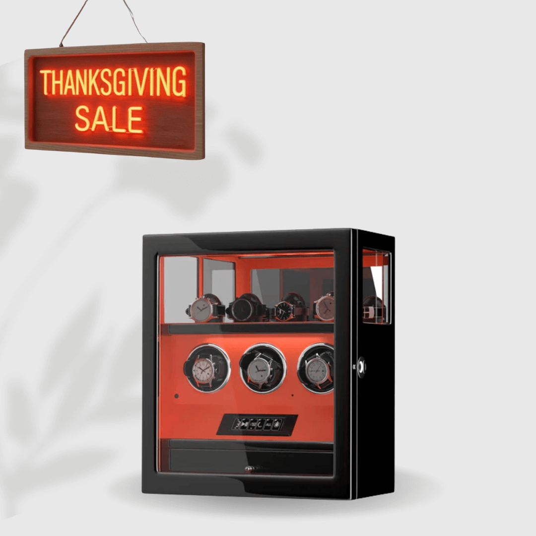 Fingerprint Lock 3 Watch Winders with Extra 4 Watches Storage LCD Remote Control - Flame Orange