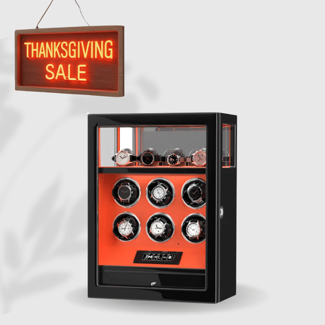 Fingerprint Lock 6 Watch Winders with Extra Watches Storage LCD Remote Control - Flame Orange