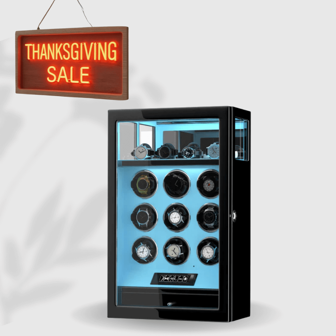 Fingerprint Lock 9 Watch Winders with Extra 4 Watches Storage LCD Remote Control - Tiffany Blue