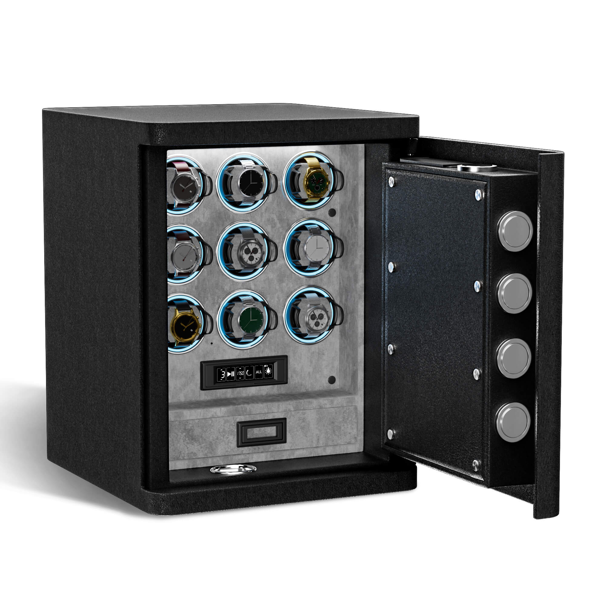 Heavy Full-Steel 9 Watch Safe – Fingerprint Access, Digital Keypad Lock & RGB Illumination - Gray