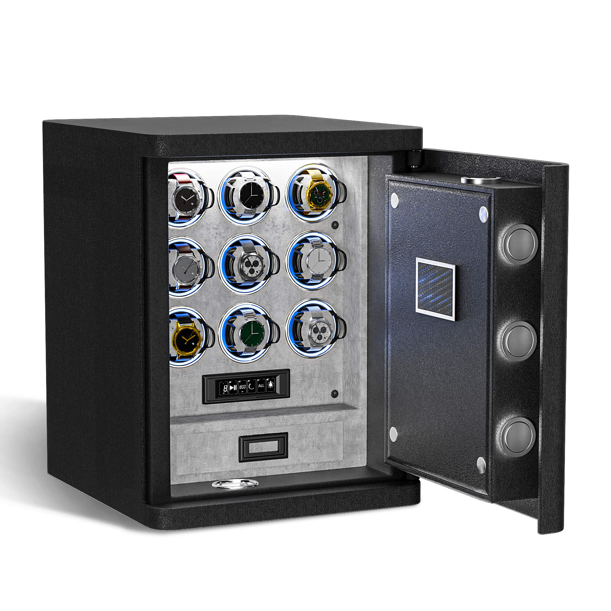 Heavy Full-Steel 9 Watch Safe – Fingerprint Access, Digital Keypad Lock & RGB Illumination - Gray