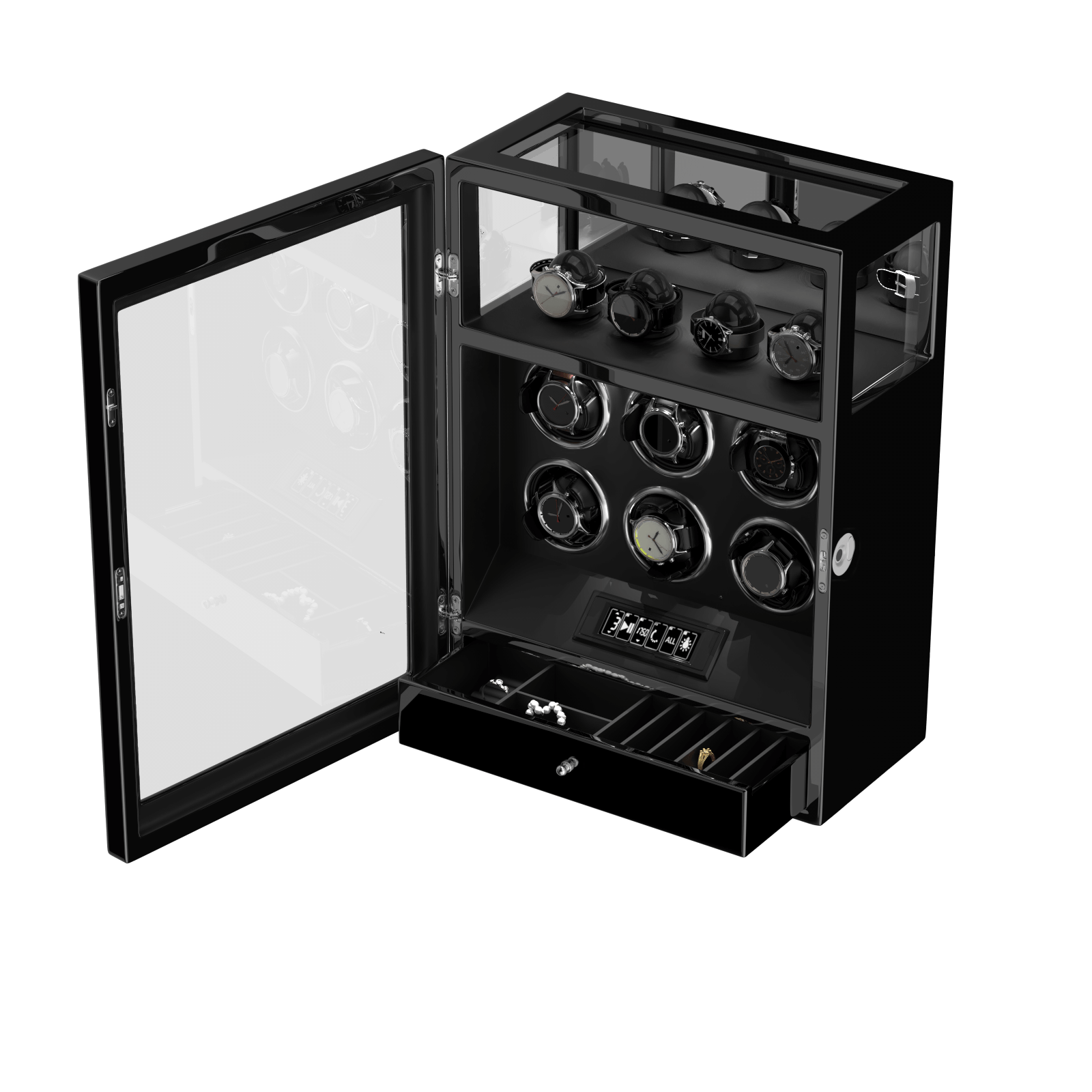 Blocco delle impronte digitali 6 caricatori per orologi con telecomando LCD per riporre gli orologi extra - nero