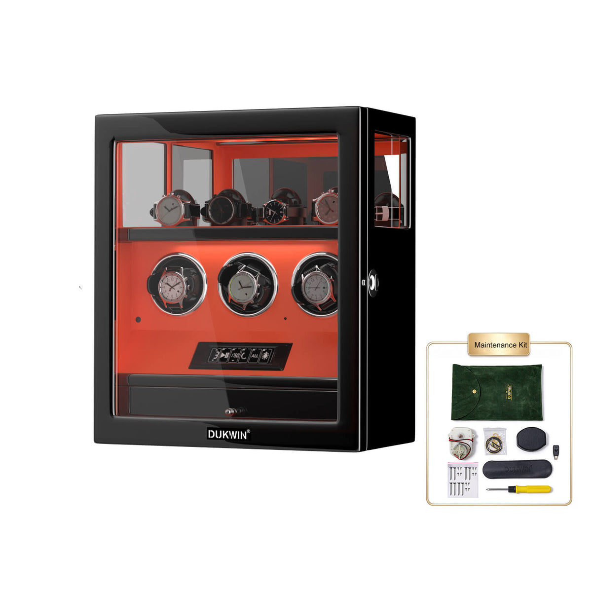 Fingerprint Lock 3 Watch Winders with Extra 4 Watches Storage LCD Remote Control - Flame Orange