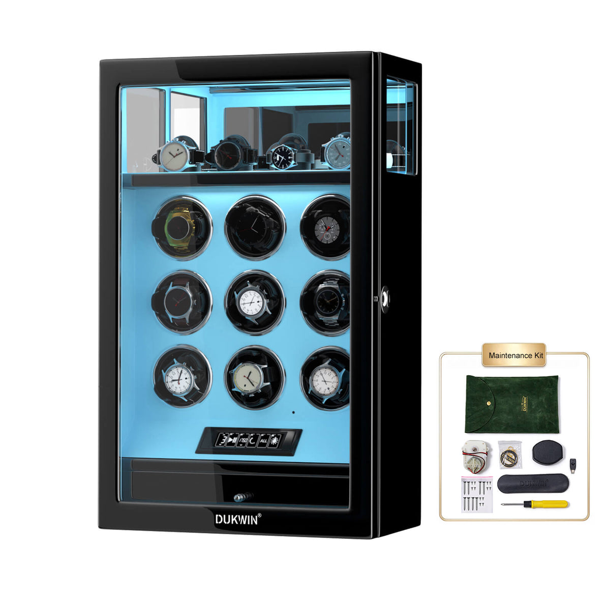 Fingerprint Lock 9 Watch Winders with Extra 4 Watches Storage LCD Remote Control - Tiffany Blue